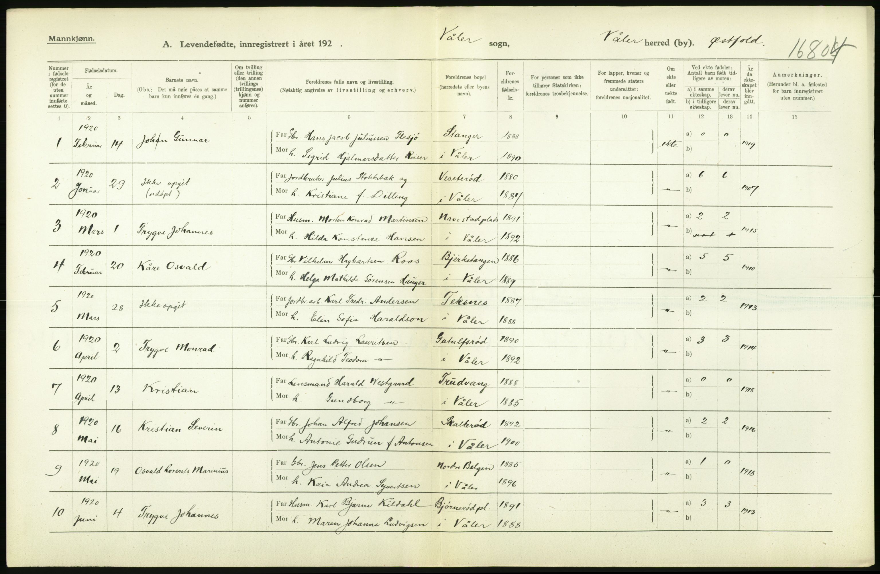 Statistisk sentralbyrå, Sosiodemografiske emner, Befolkning, RA/S-2228/D/Df/Dfb/Dfbj/L0001: Østfold fylke: Levendefødte menn og kvinner. Bygder., 1920, p. 18