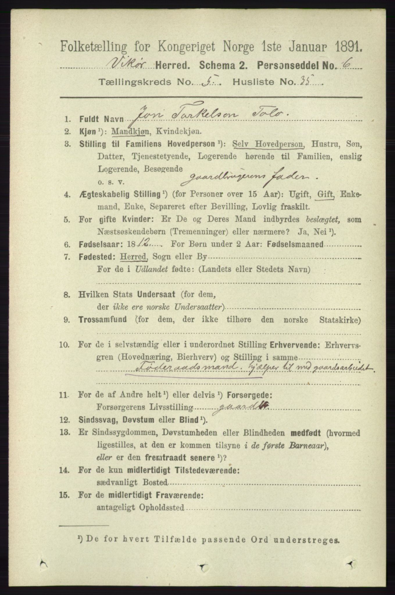 RA, 1891 census for 1238 Vikør, 1891, p. 1598