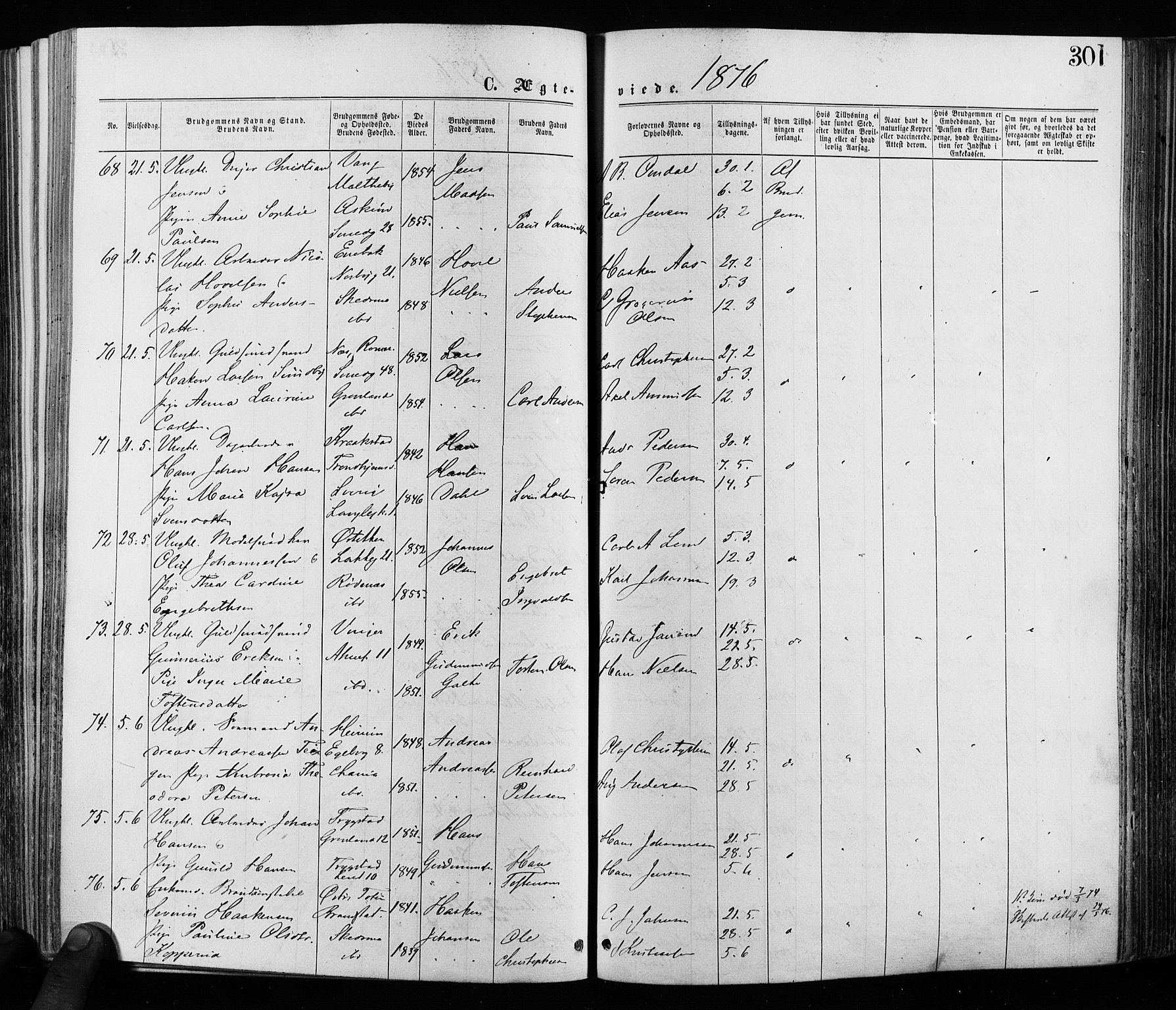 Grønland prestekontor Kirkebøker, AV/SAO-A-10848/F/Fa/L0005: Parish register (official) no. 5, 1869-1880, p. 301