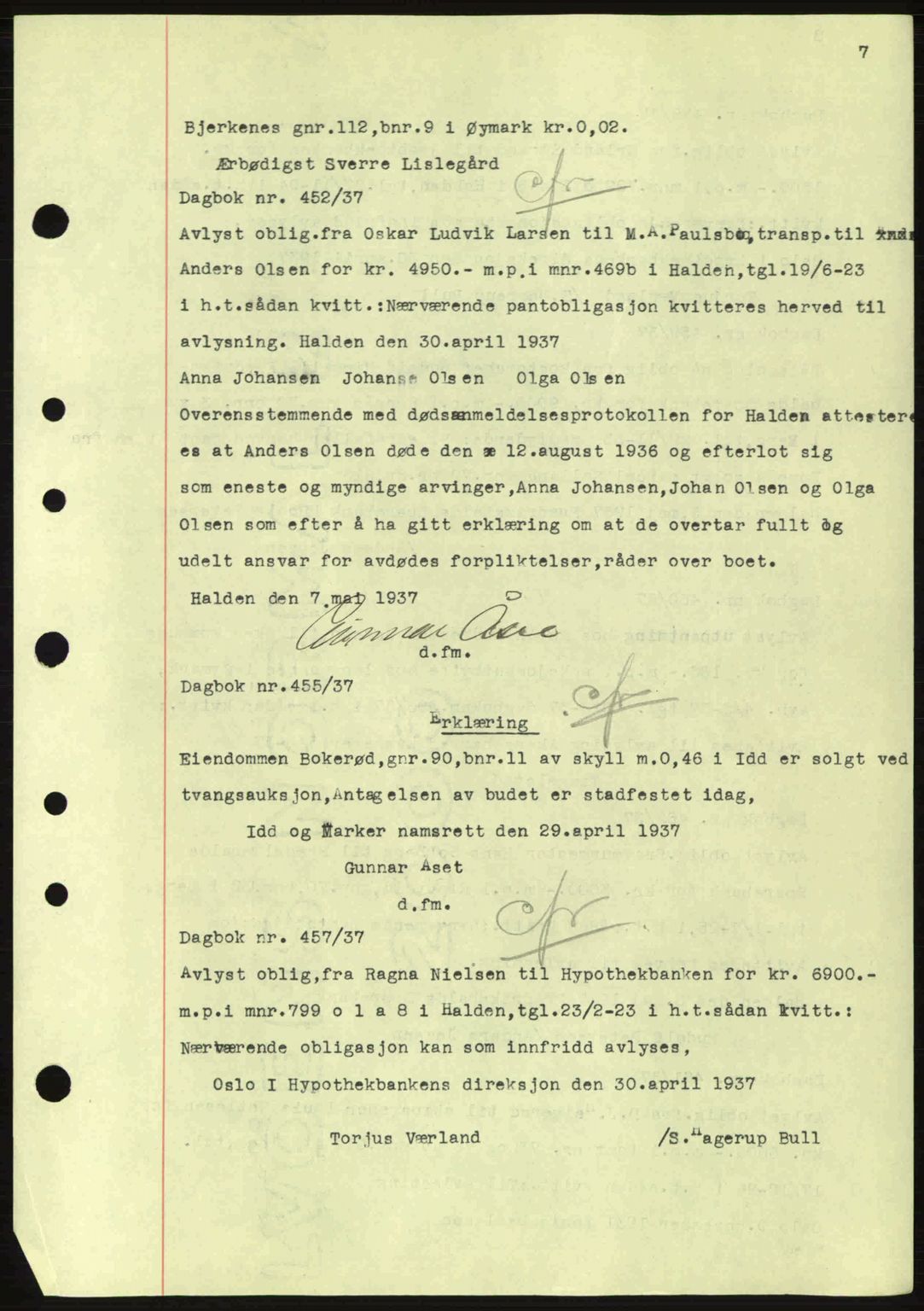 Idd og Marker sorenskriveri, AV/SAO-A-10283/G/Gb/Gbc/L0001: Mortgage book no. B1-3, 1936-1939, Diary no: : 452/1937