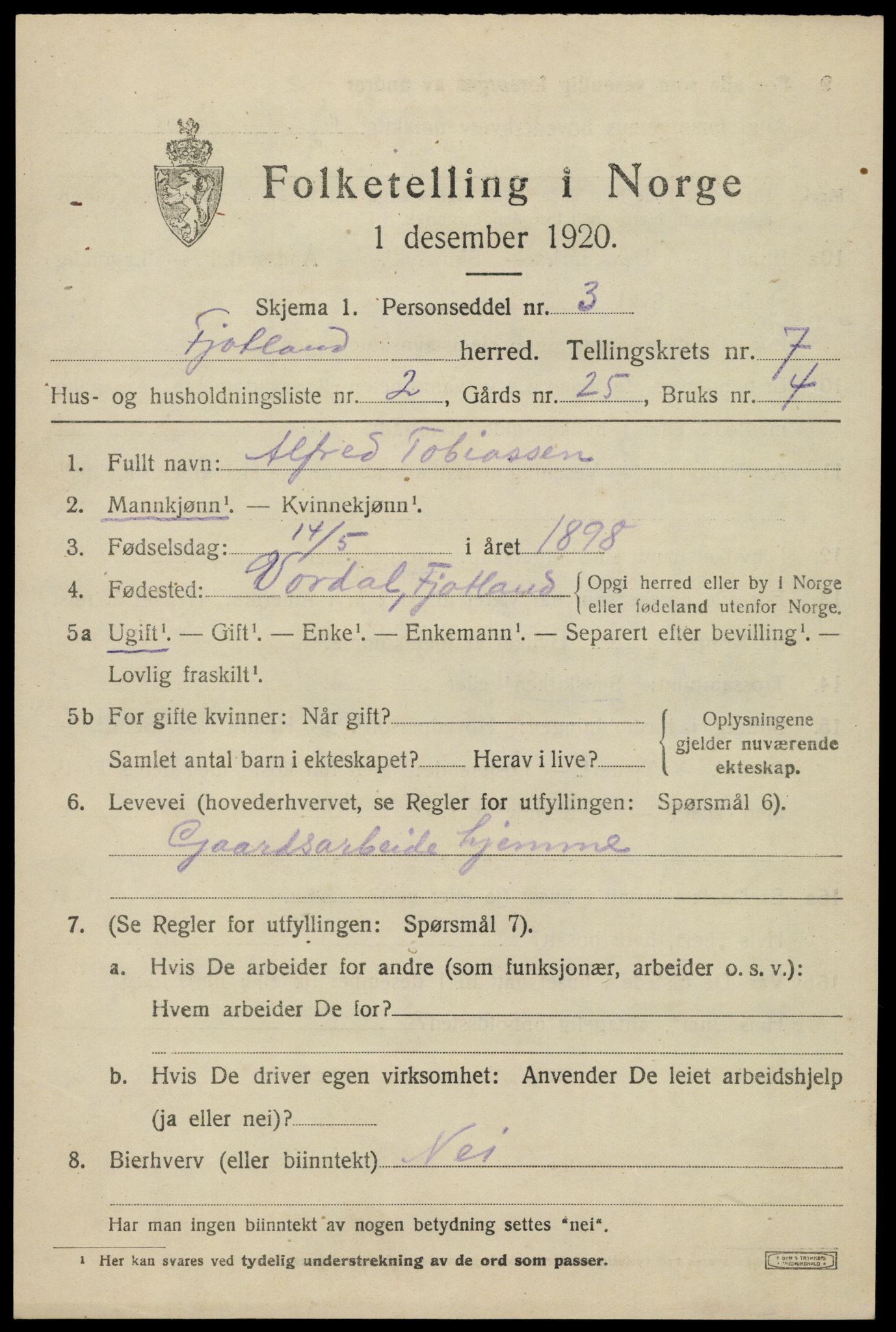 SAK, 1920 census for Fjotland, 1920, p. 1826