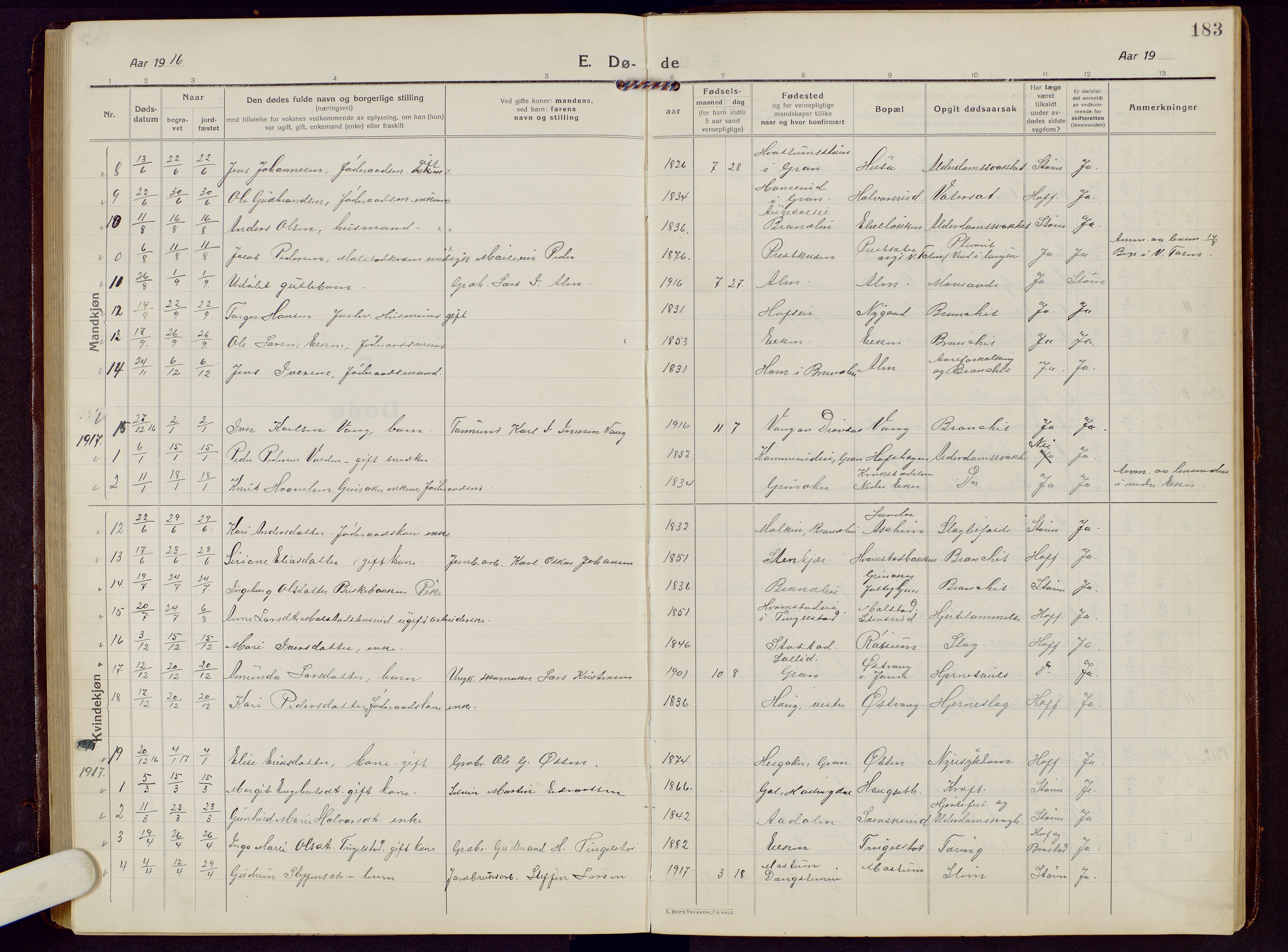 Brandbu prestekontor, SAH/PREST-114/H/Ha/Hab/L0010: Parish register (copy) no. 10, 1916-1930, p. 183