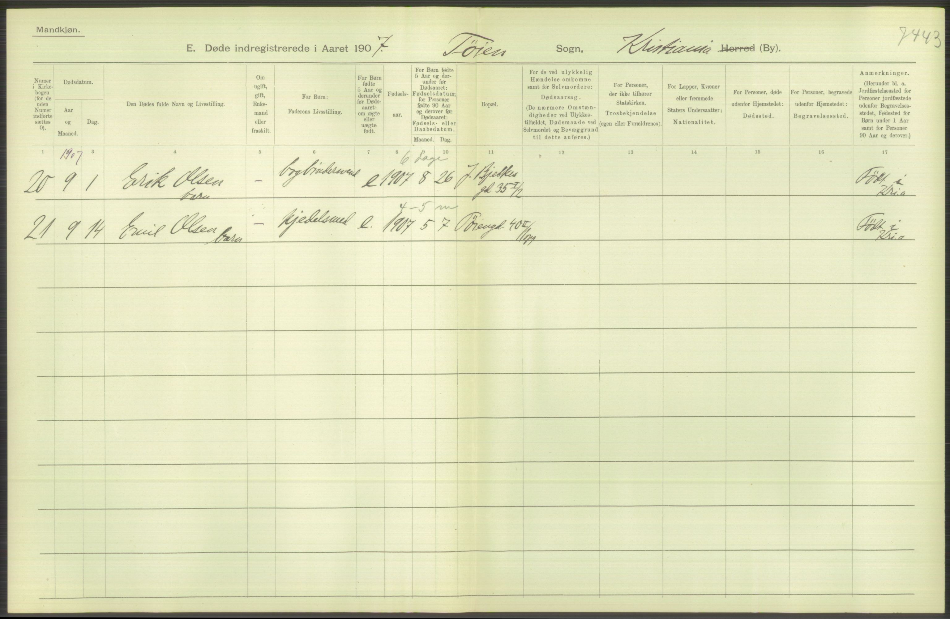 Statistisk sentralbyrå, Sosiodemografiske emner, Befolkning, RA/S-2228/D/Df/Dfa/Dfae/L0009: Kristiania: Døde, 1907, p. 164