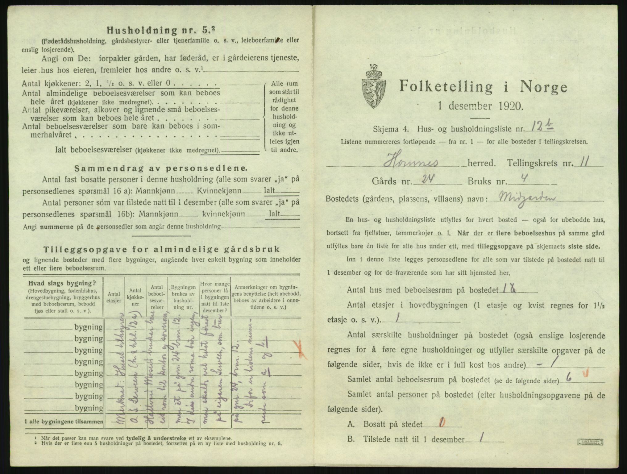 SAK, 1920 census for Hornnes, 1920, p. 455