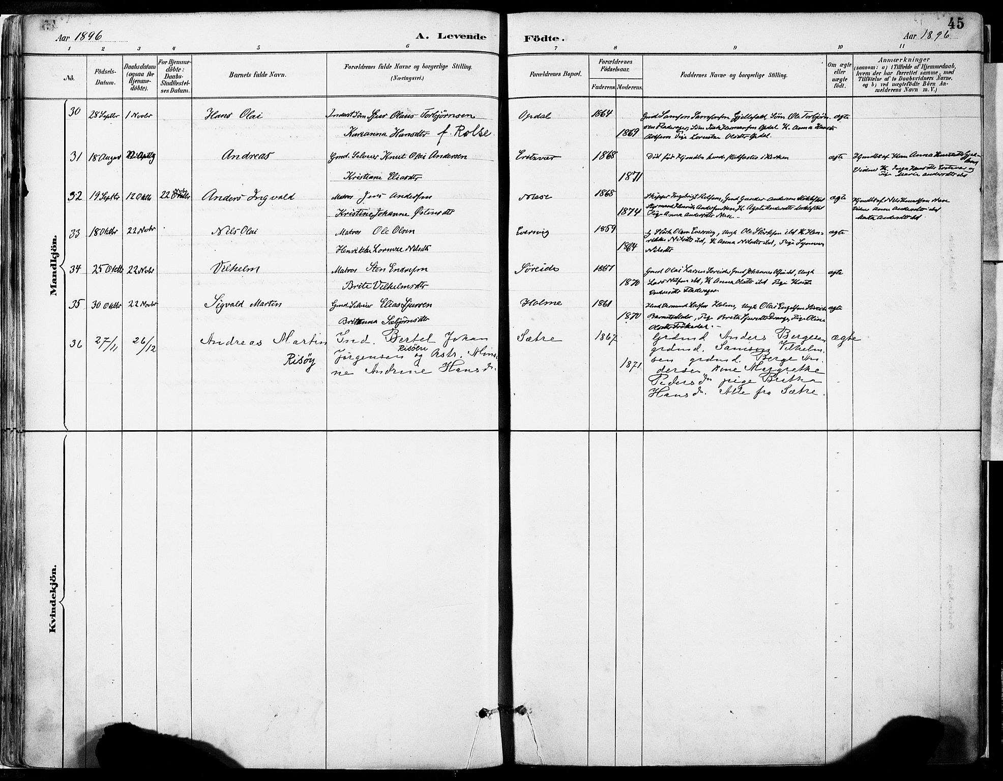 Tysnes sokneprestembete, SAB/A-78601/H/Haa: Parish register (official) no. D 1, 1887-1904, p. 45