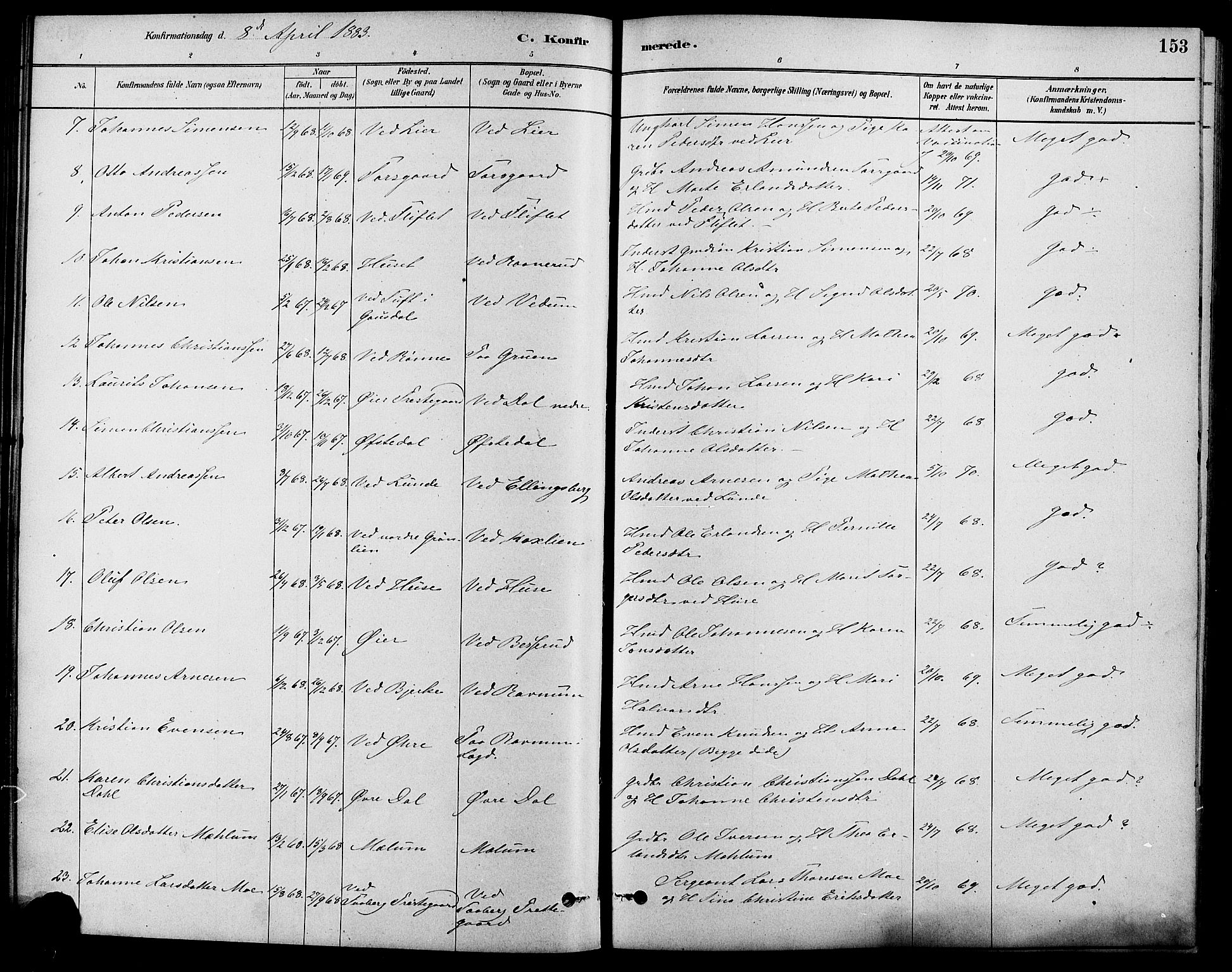 Fåberg prestekontor, SAH/PREST-086/H/Ha/Haa/L0008: Parish register (official) no. 8, 1879-1898, p. 153
