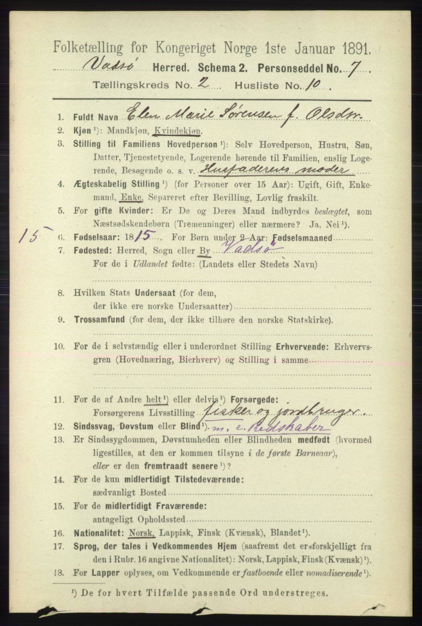 RA, 1891 census for 2029 Vadsø, 1891, p. 495