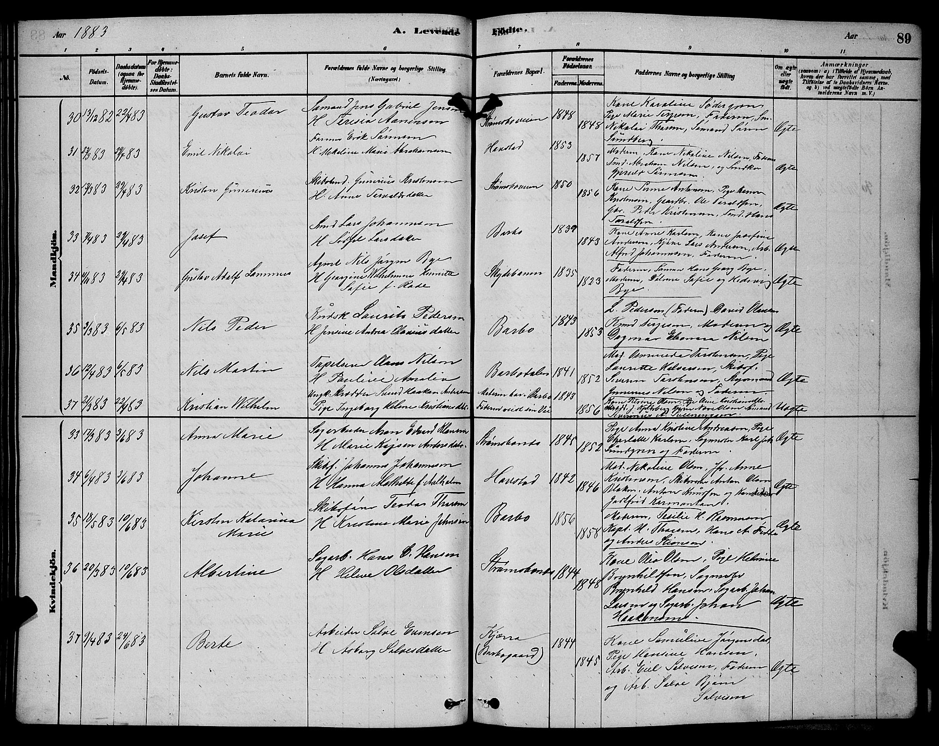 Barbu sokneprestkontor, AV/SAK-1111-0003/F/Fb/L0001: Parish register (copy) no. B 1, 1878-1890, p. 89