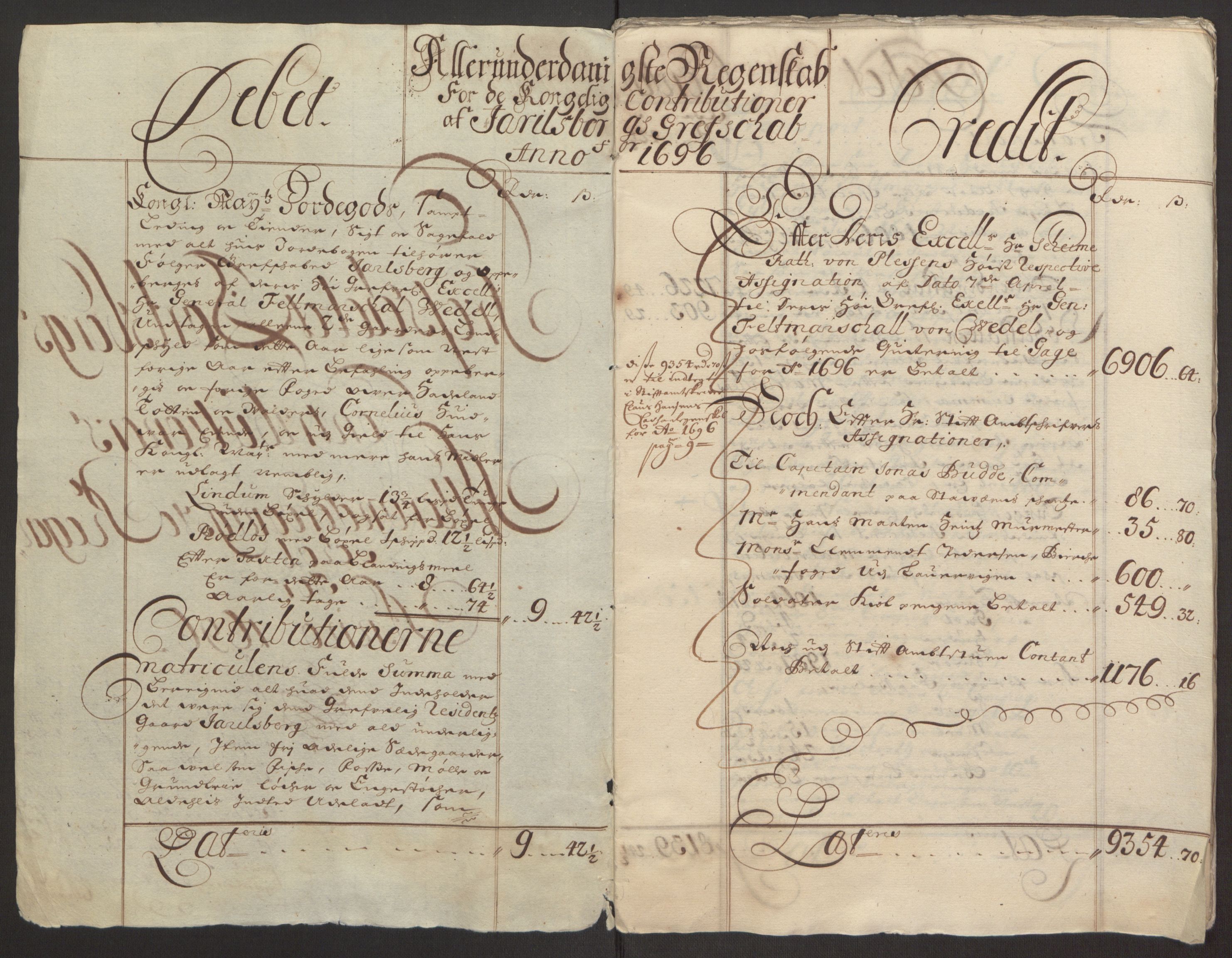 Rentekammeret inntil 1814, Reviderte regnskaper, Fogderegnskap, RA/EA-4092/R32/L1867: Fogderegnskap Jarlsberg grevskap, 1694-1696, p. 257