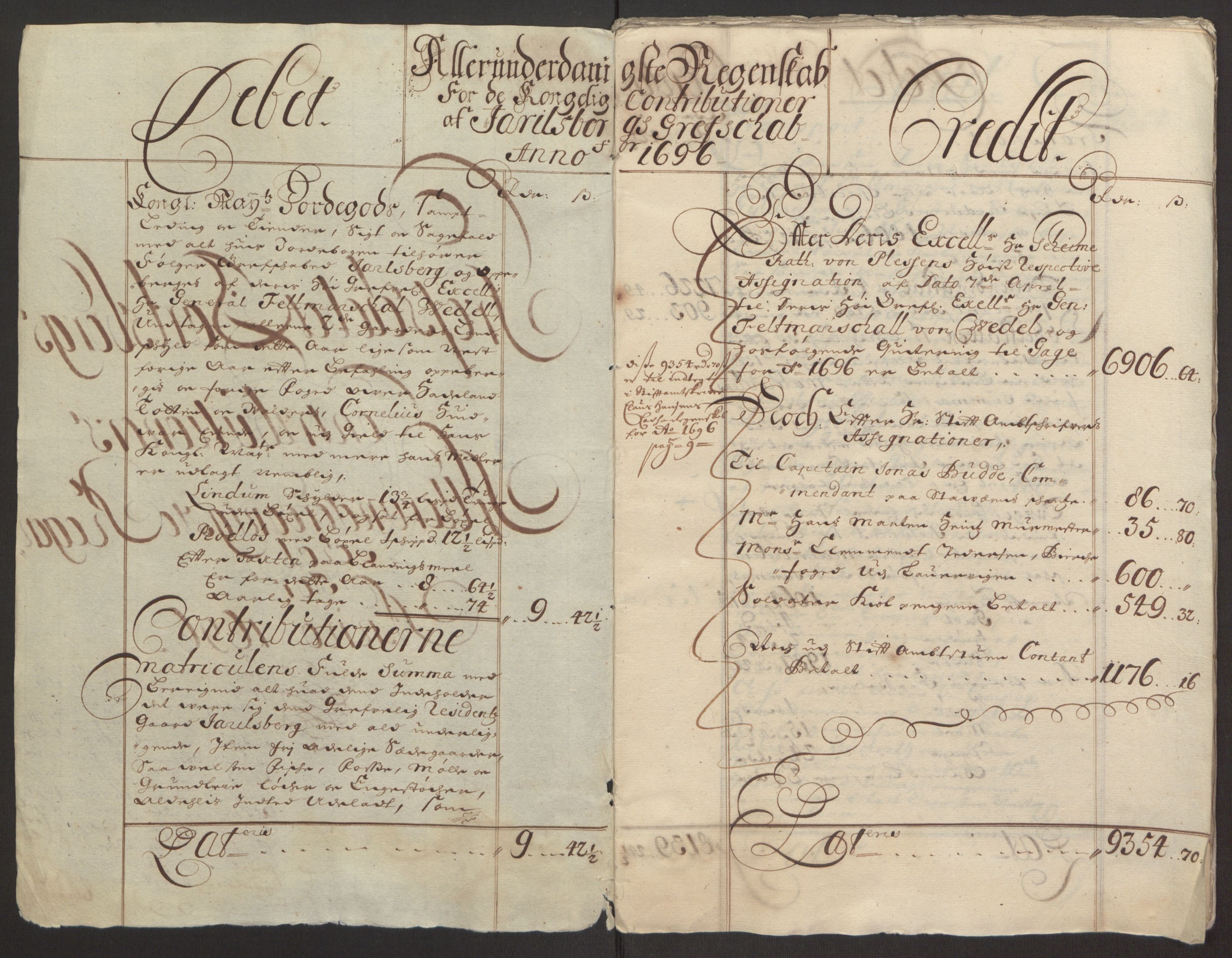 Rentekammeret inntil 1814, Reviderte regnskaper, Fogderegnskap, AV/RA-EA-4092/R32/L1867: Fogderegnskap Jarlsberg grevskap, 1694-1696, p. 257