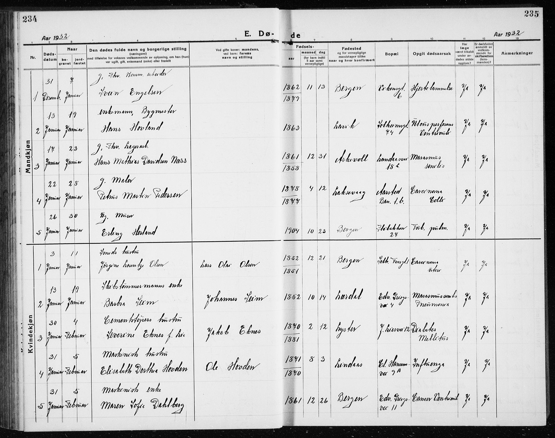 Årstad Sokneprestembete, SAB/A-79301/H/Hab/L0025: Parish register (copy) no. D 2, 1922-1940, p. 234-235