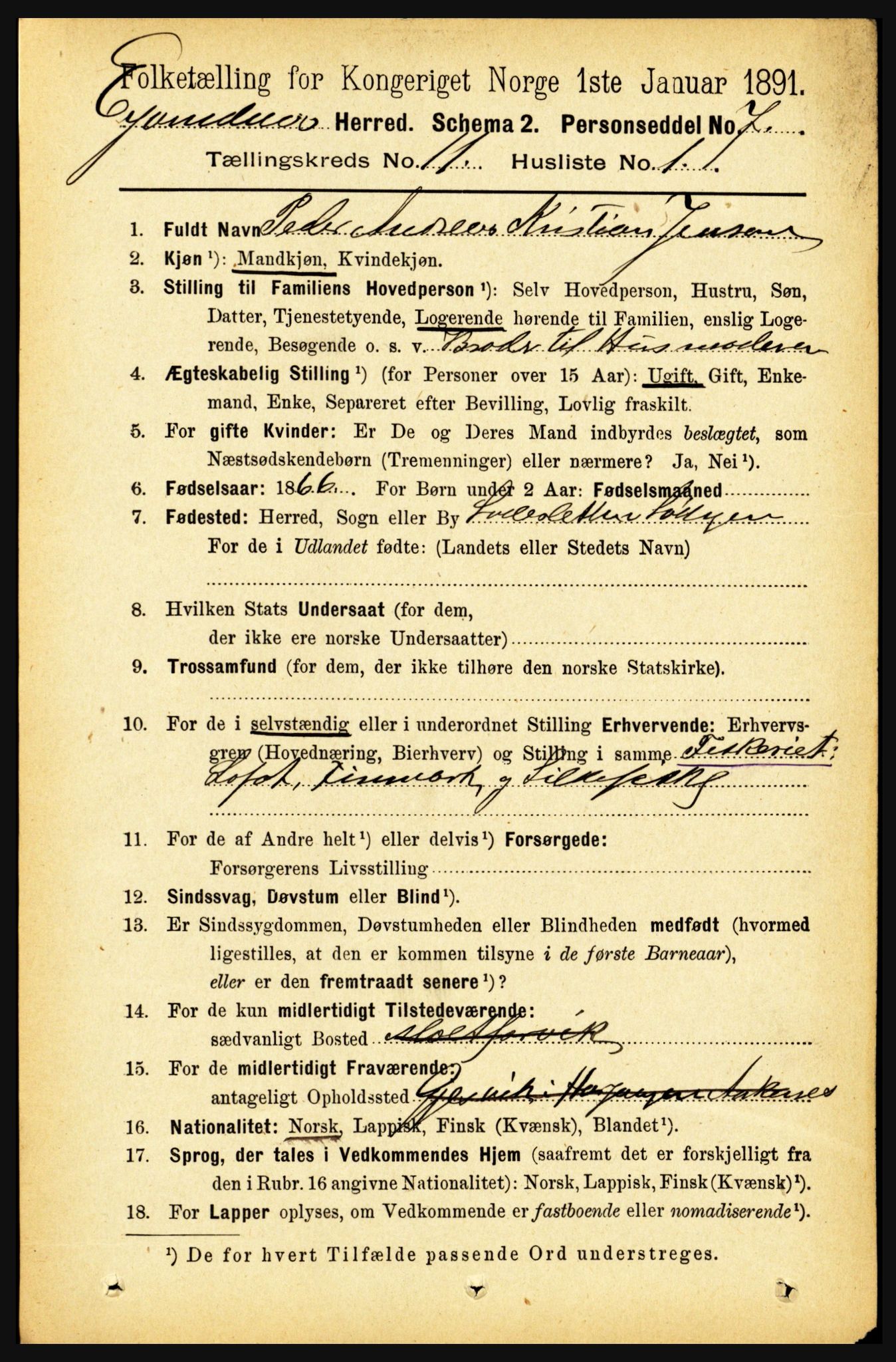 RA, 1891 census for 1853 Evenes, 1891, p. 3475