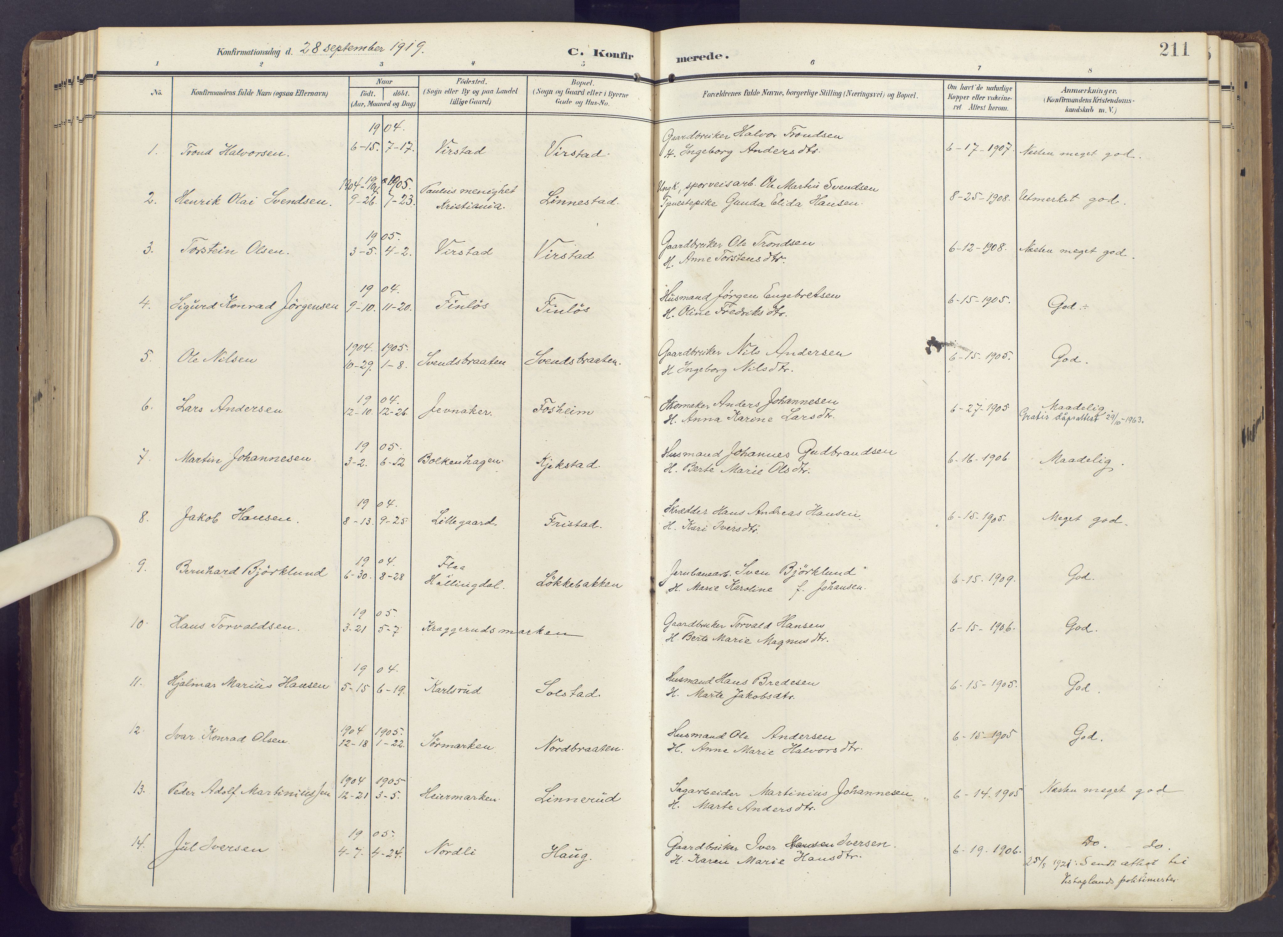 Lunner prestekontor, AV/SAH-PREST-118/H/Ha/Haa/L0001: Parish register (official) no. 1, 1907-1922, p. 211