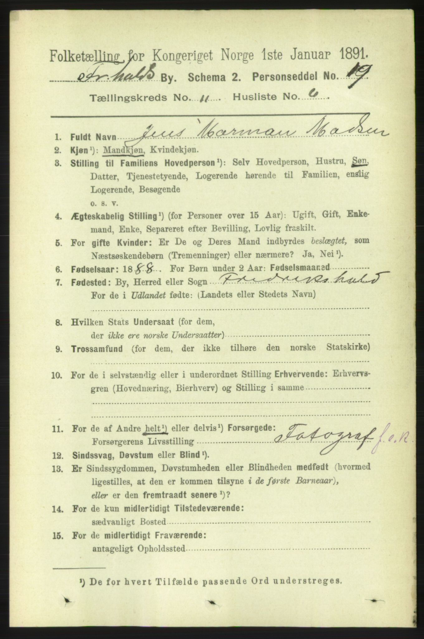 RA, 1891 census for 0101 Fredrikshald, 1891, p. 7711