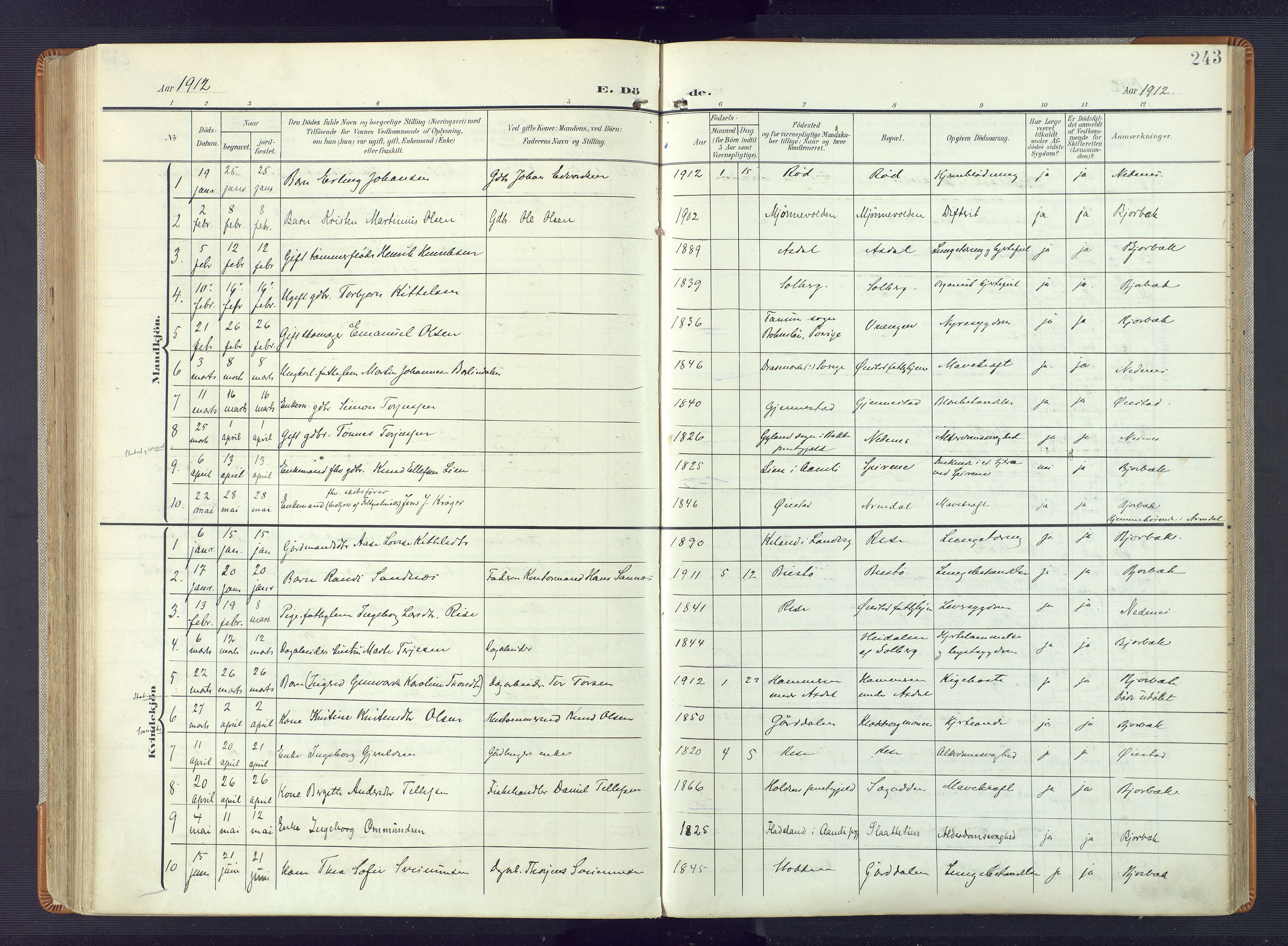 Øyestad sokneprestkontor, AV/SAK-1111-0049/F/Fa/L0019: Parish register (official) no. A 19, 1908-1922, p. 243