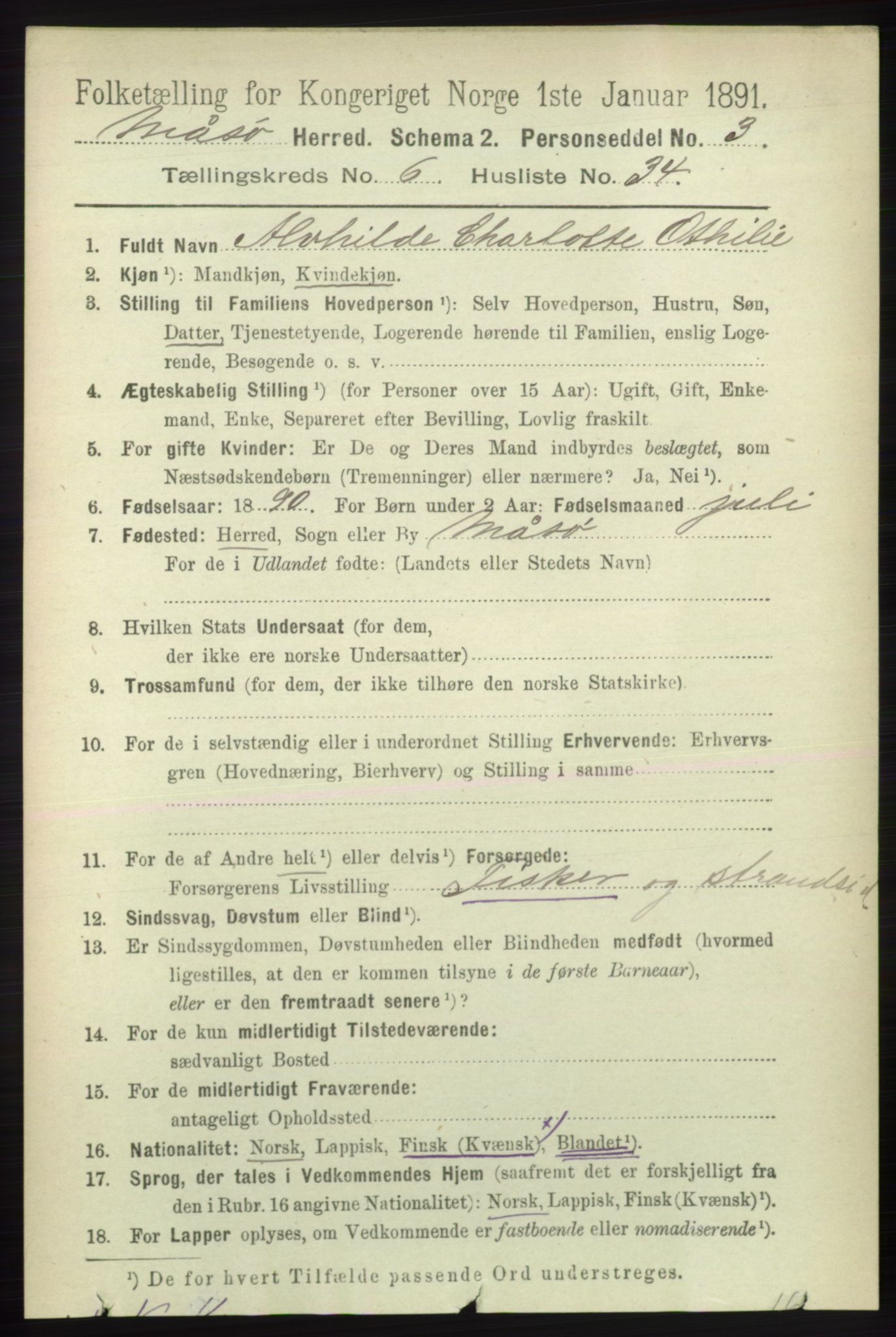 RA, 1891 census for 2018 Måsøy, 1891, p. 1319
