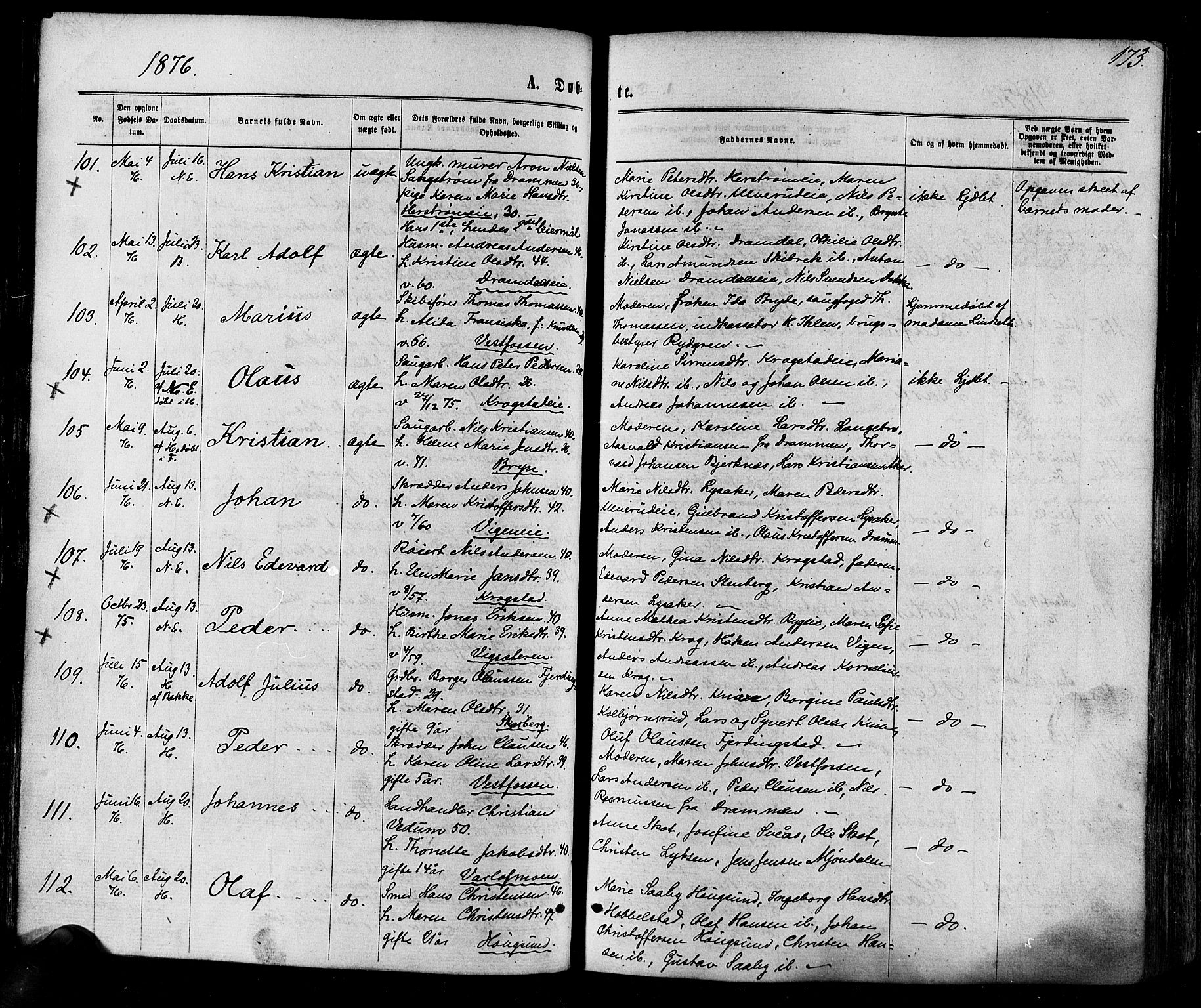 Eiker kirkebøker, AV/SAKO-A-4/F/Fa/L0017: Parish register (official) no. I 17, 1869-1877, p. 173