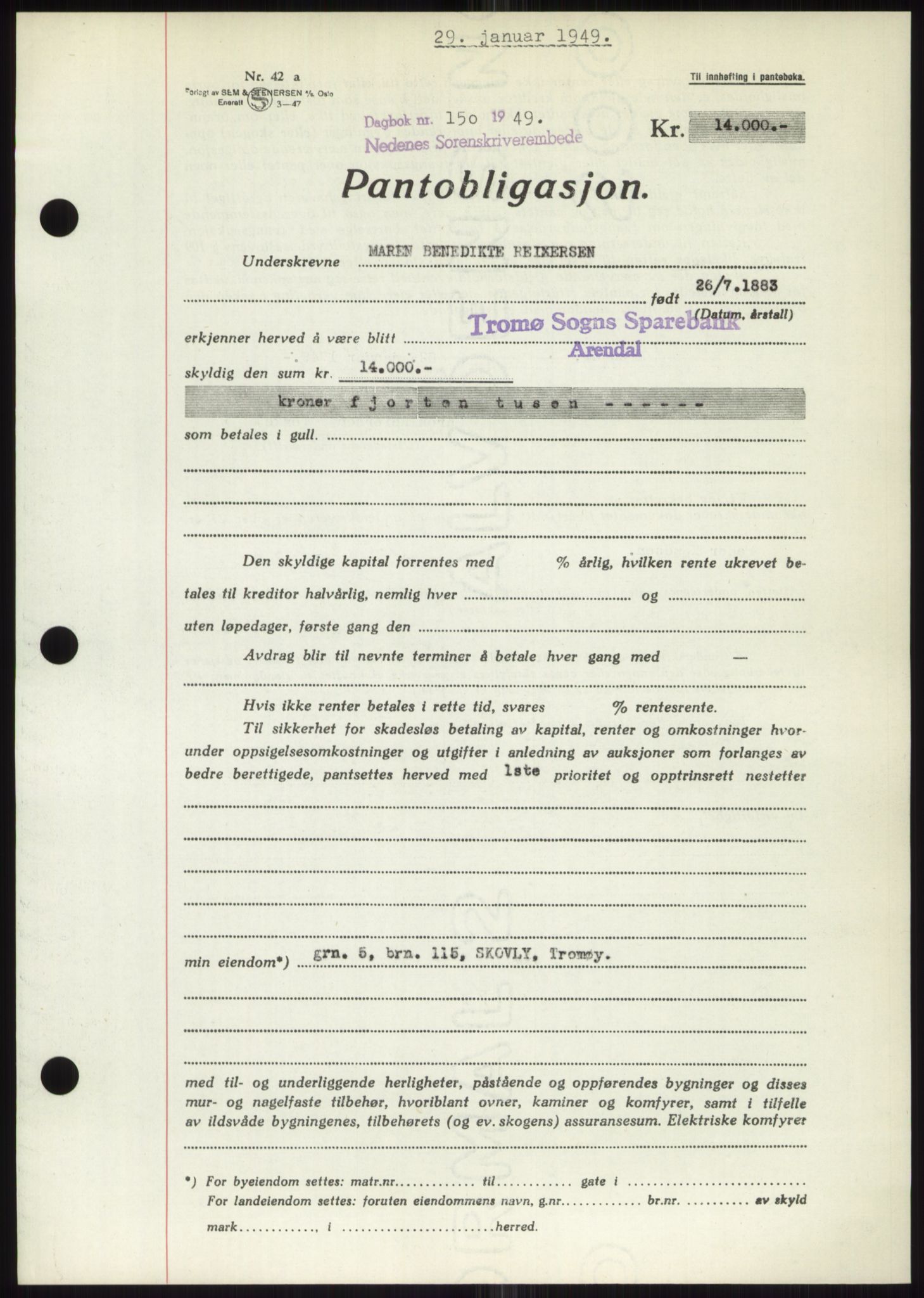 Nedenes sorenskriveri, SAK/1221-0006/G/Gb/Gbb/L0006: Mortgage book no. B6, 1948-1949, Diary no: : 150/1949