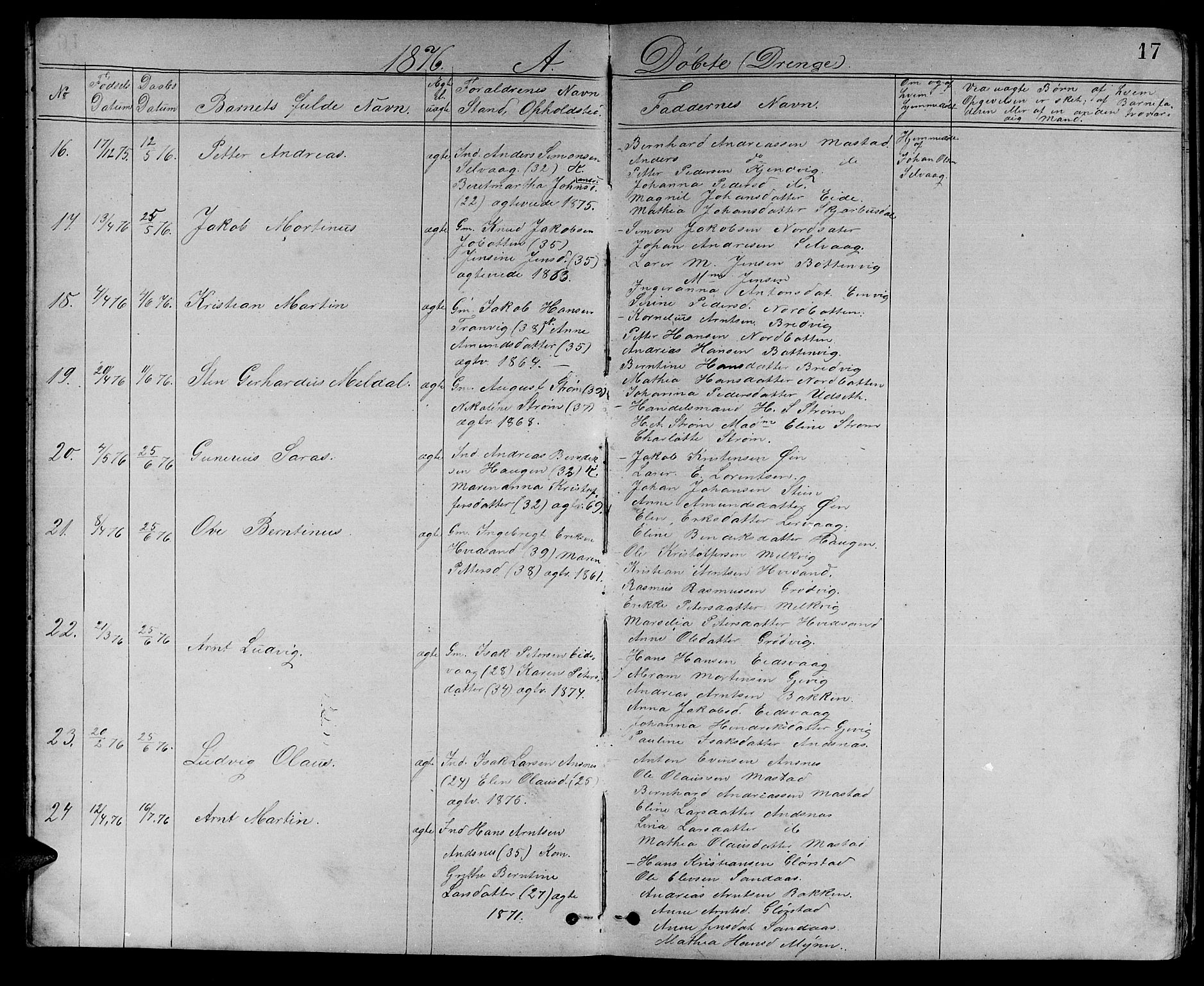 Ministerialprotokoller, klokkerbøker og fødselsregistre - Sør-Trøndelag, AV/SAT-A-1456/637/L0561: Parish register (copy) no. 637C02, 1873-1882, p. 17