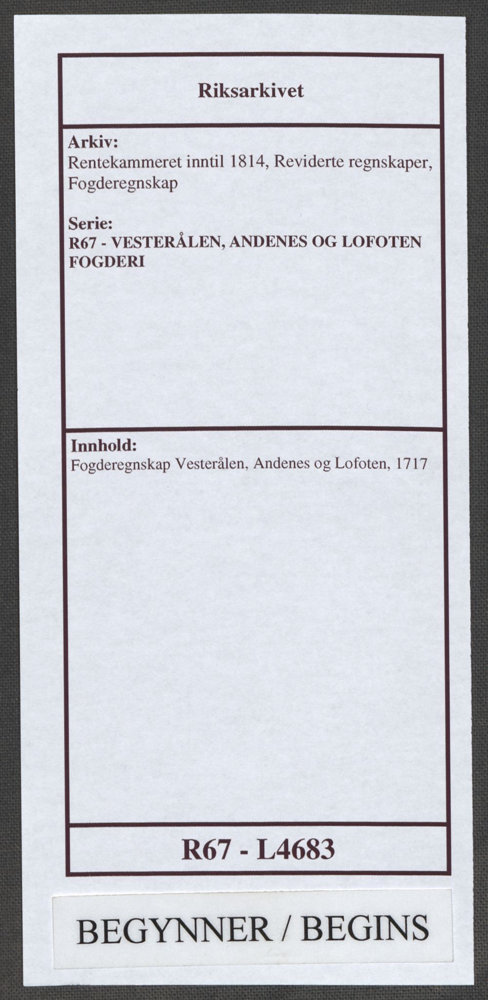 Rentekammeret inntil 1814, Reviderte regnskaper, Fogderegnskap, AV/RA-EA-4092/R67/L4683: Fogderegnskap Vesterålen, Andenes og Lofoten, 1717, p. 1