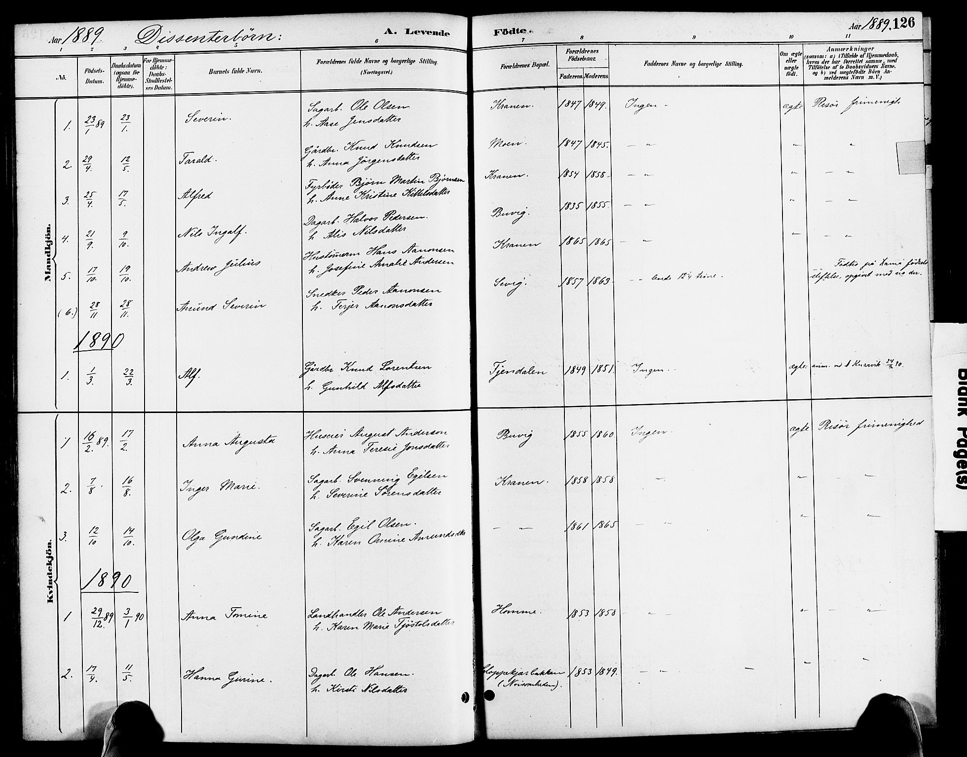 Søndeled sokneprestkontor, SAK/1111-0038/F/Fa/L0005: Parish register (official) no. A 5, 1889-1899, p. 126