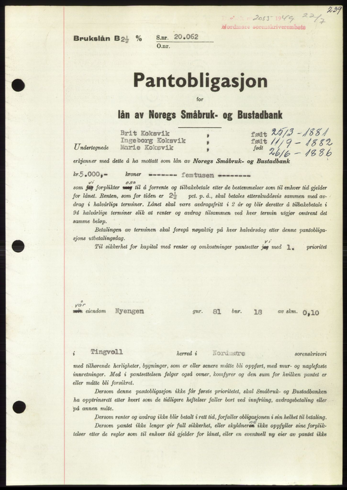 Nordmøre sorenskriveri, AV/SAT-A-4132/1/2/2Ca: Mortgage book no. B102, 1949-1949, Diary no: : 2055/1949