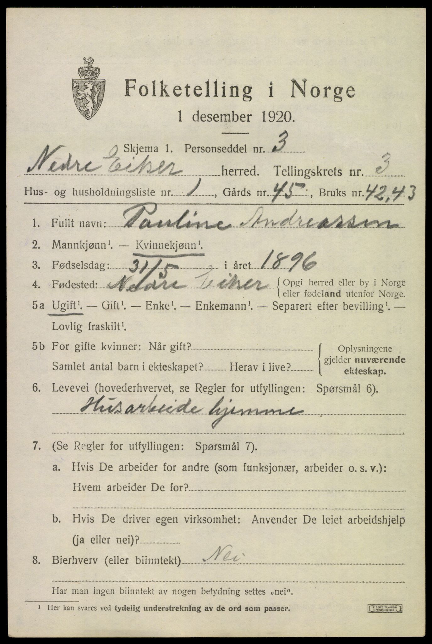 SAKO, 1920 census for Nedre Eiker, 1920, p. 4289