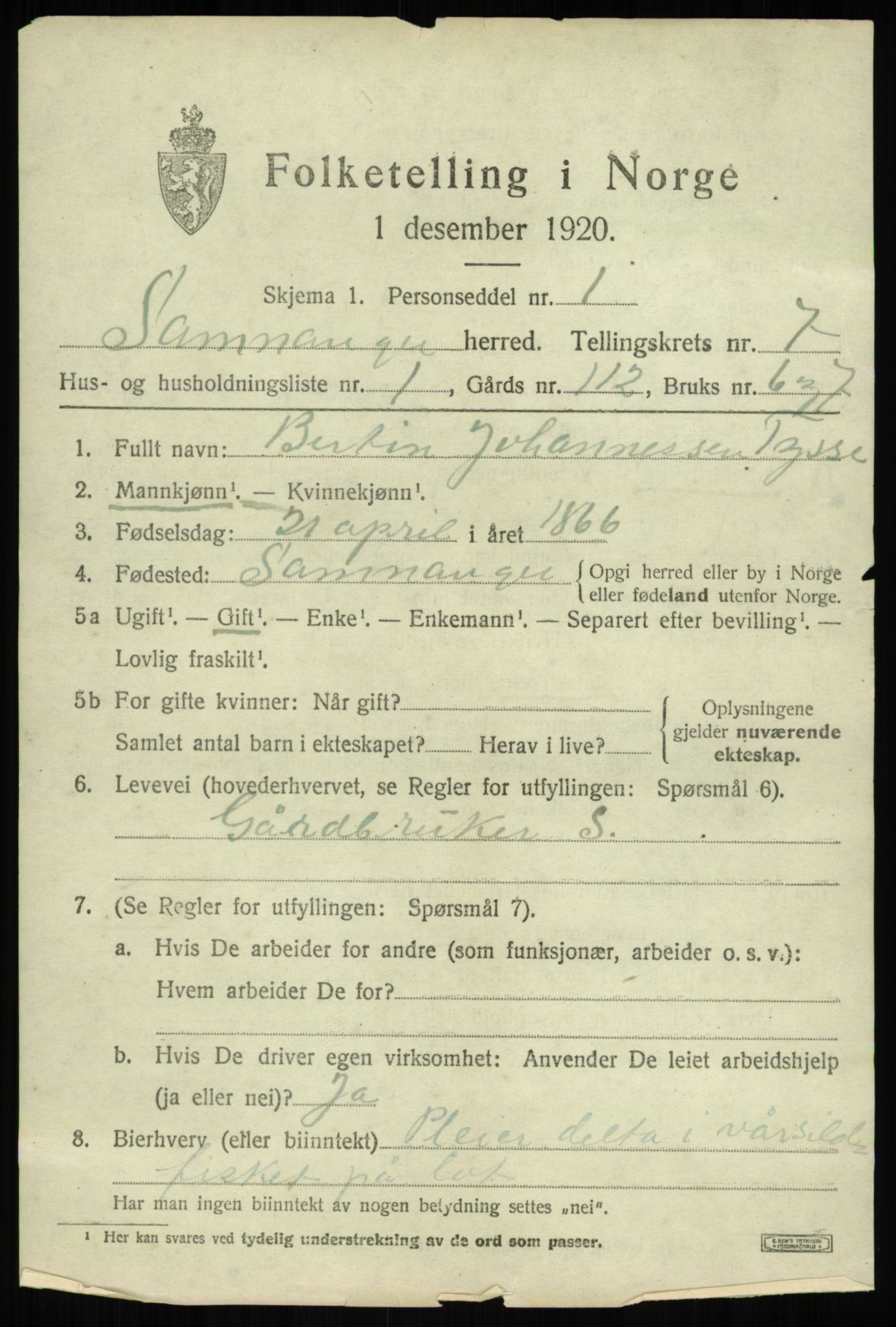 SAB, 1920 census for Samnanger, 1920, p. 2927