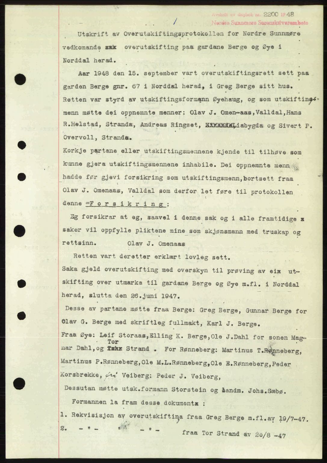 Nordre Sunnmøre sorenskriveri, AV/SAT-A-0006/1/2/2C/2Ca: Mortgage book no. A29, 1948-1949, Diary no: : 2200/1948