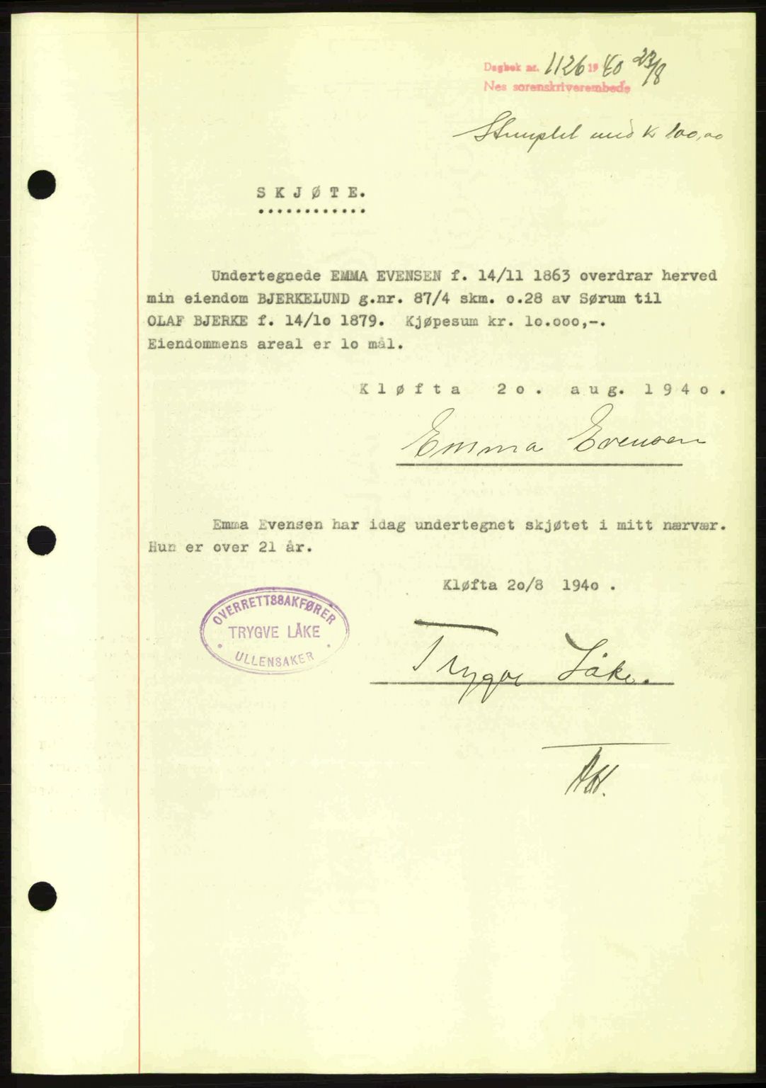 Nes tingrett, SAO/A-10548/G/Gb/Gbb/L0010: Mortgage book no. 54, 1939-1940, Diary no: : 1126/1940