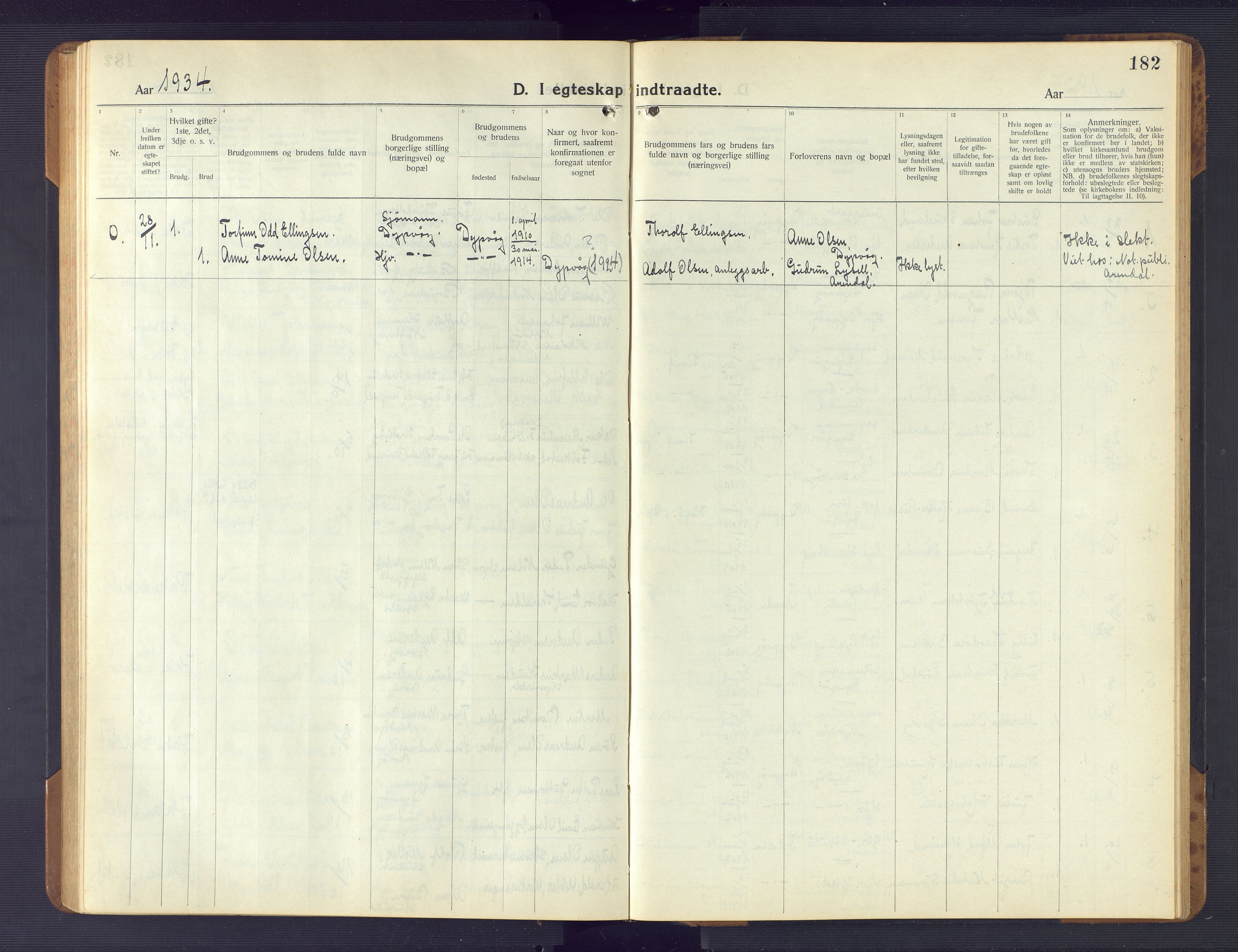 Dypvåg sokneprestkontor, AV/SAK-1111-0007/F/Fb/Fba/L0015: Parish register (copy) no. B 15, 1922-1949, p. 182