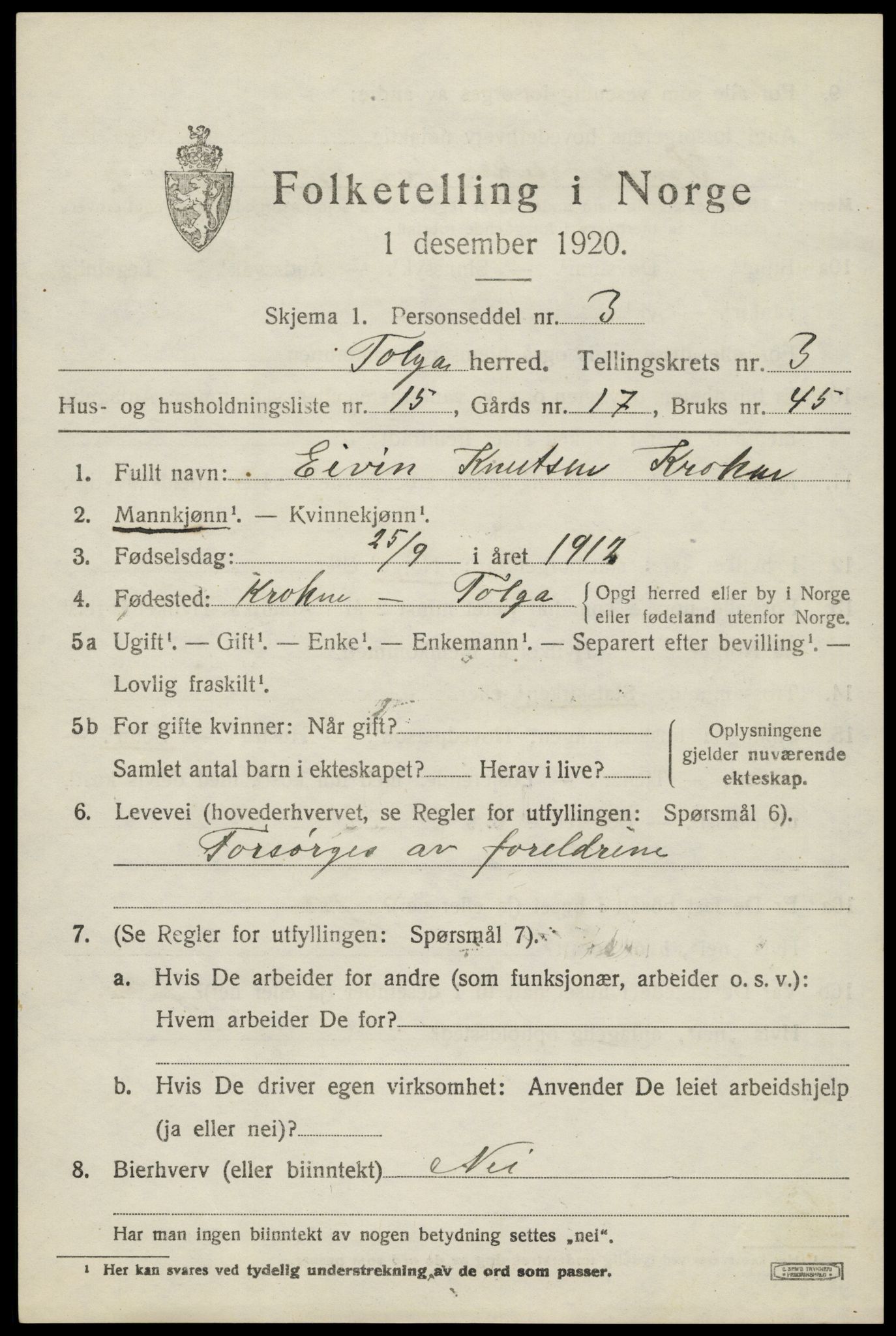 SAH, 1920 census for Tolga, 1920, p. 2371