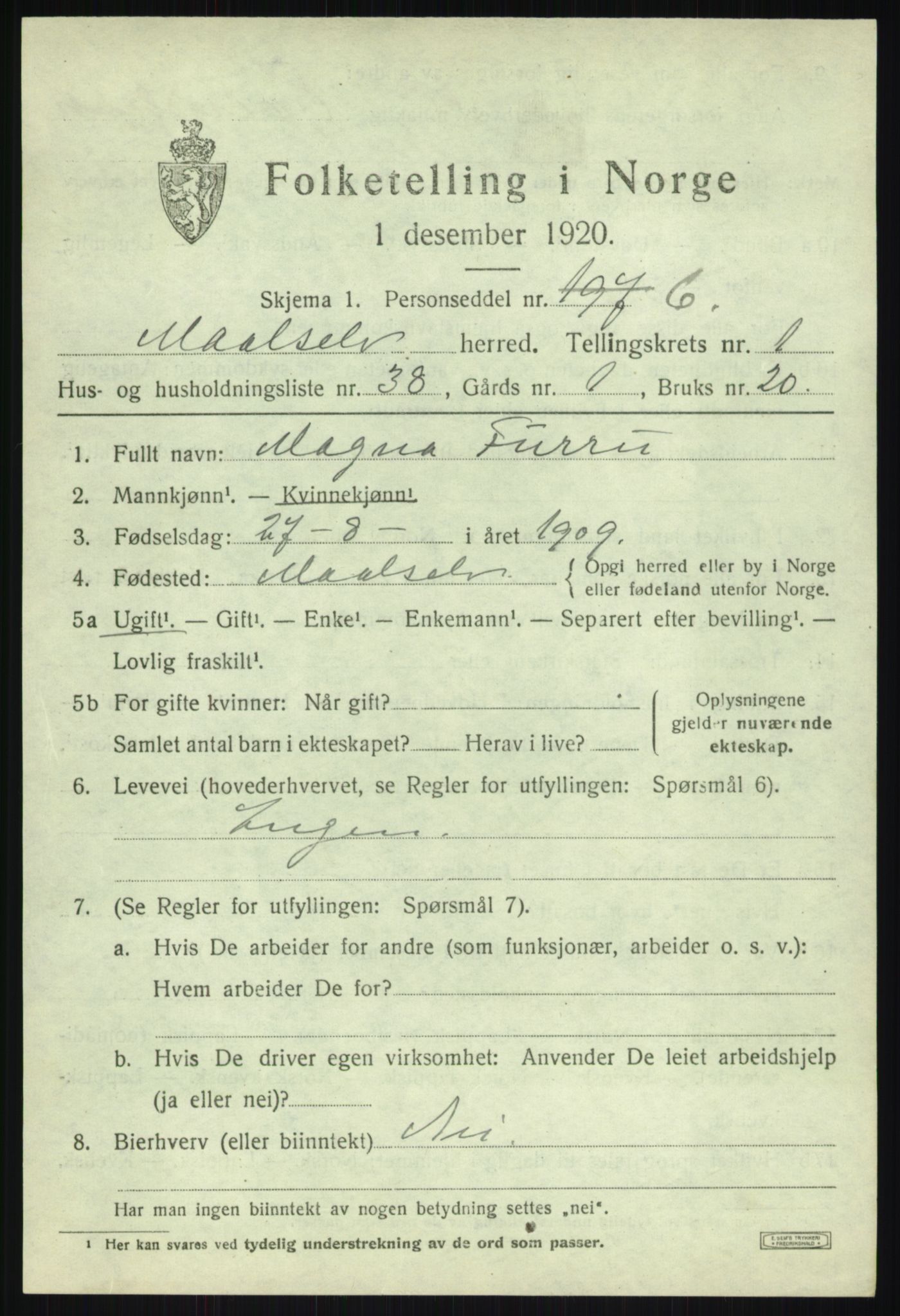 SATØ, 1920 census for Målselv, 1920, p. 1779