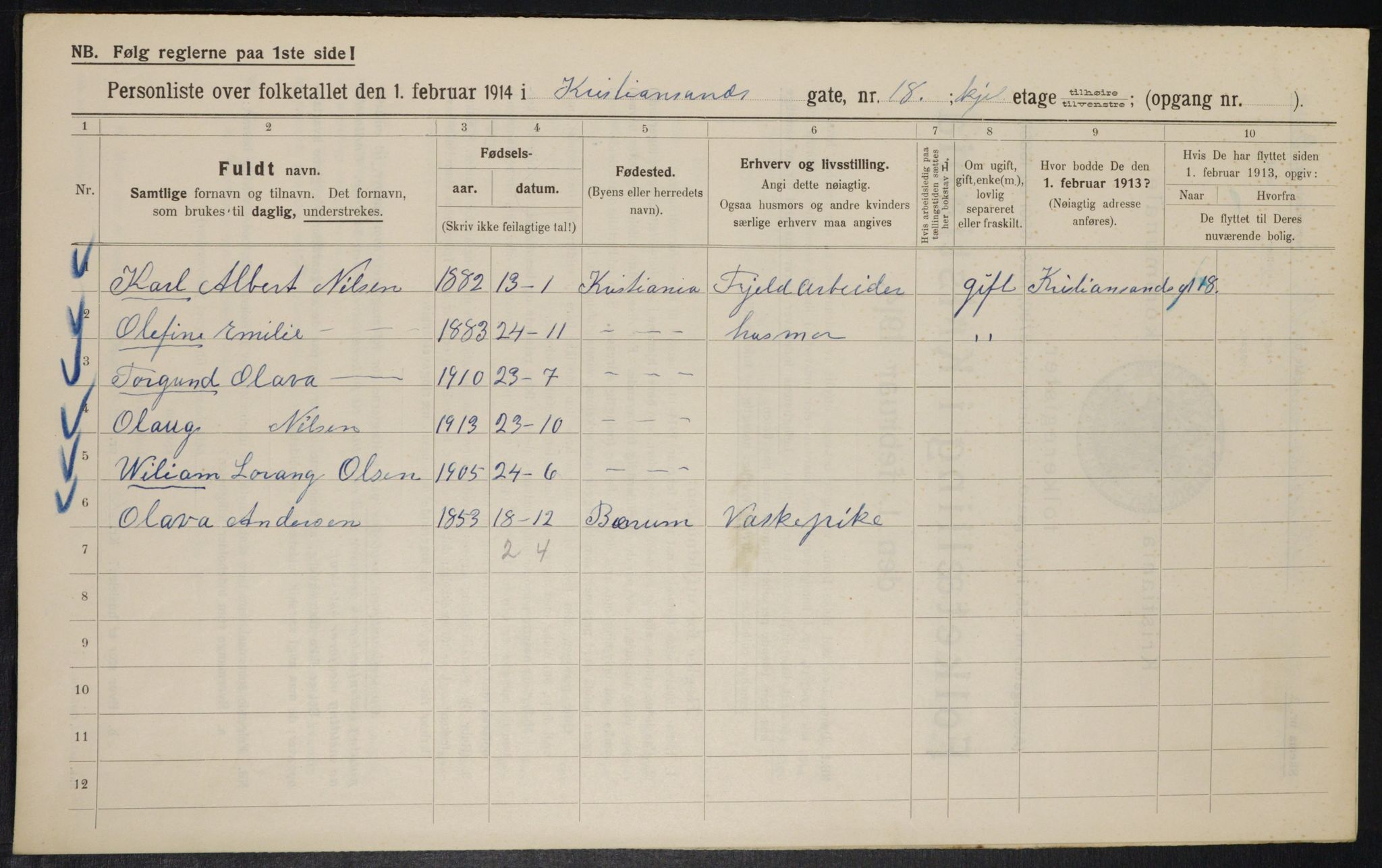 OBA, Municipal Census 1914 for Kristiania, 1914, p. 54385