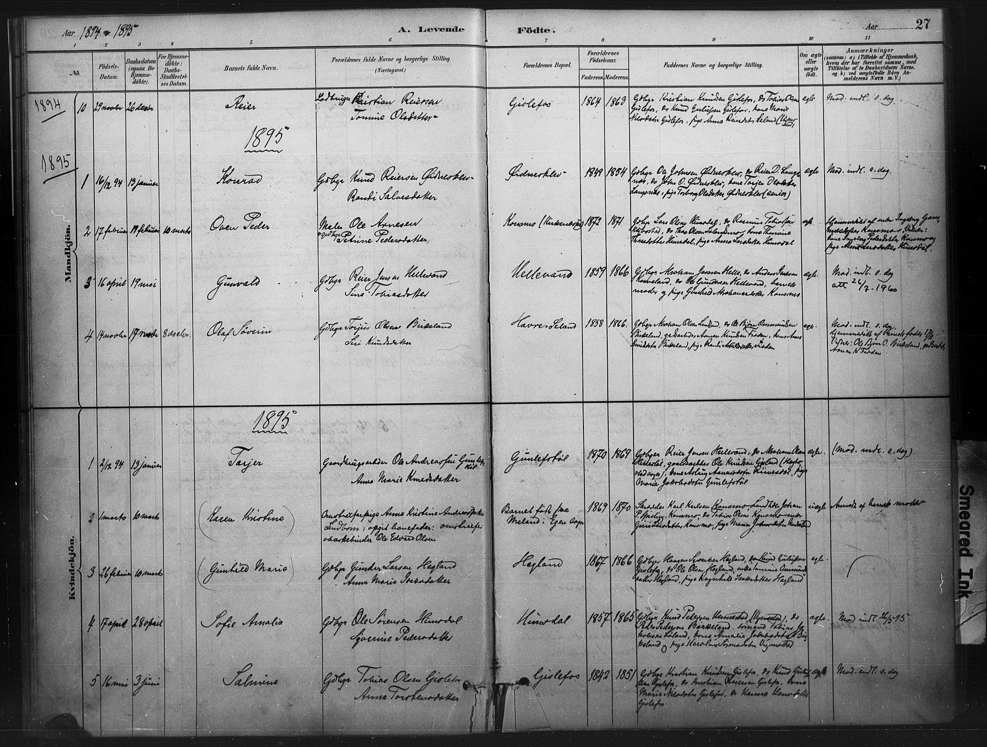 Nord-Audnedal sokneprestkontor, AV/SAK-1111-0032/F/Fa/Faa/L0003: Parish register (official) no. A 3, 1882-1900, p. 27