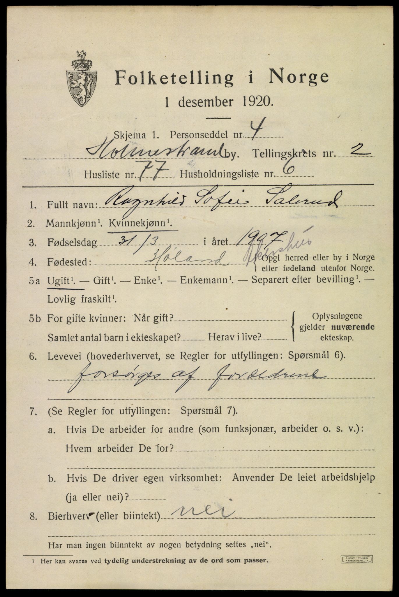 SAKO, 1920 census for Holmestrand, 1920, p. 3226