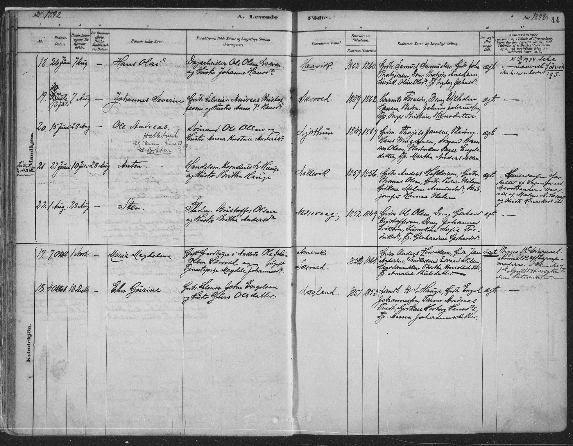Fusa sokneprestembete, SAB/A-75401/H/Haa: Parish register (official) no. D 1, 1880-1938, p. 44