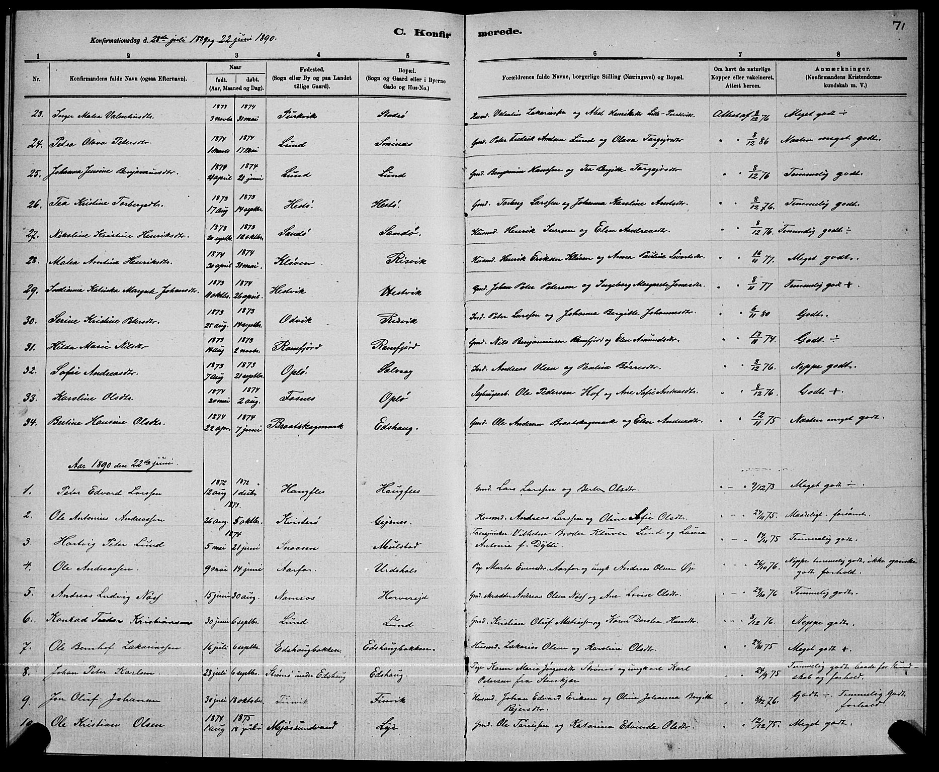 Ministerialprotokoller, klokkerbøker og fødselsregistre - Nord-Trøndelag, SAT/A-1458/780/L0651: Parish register (copy) no. 780C03, 1884-1898, p. 71