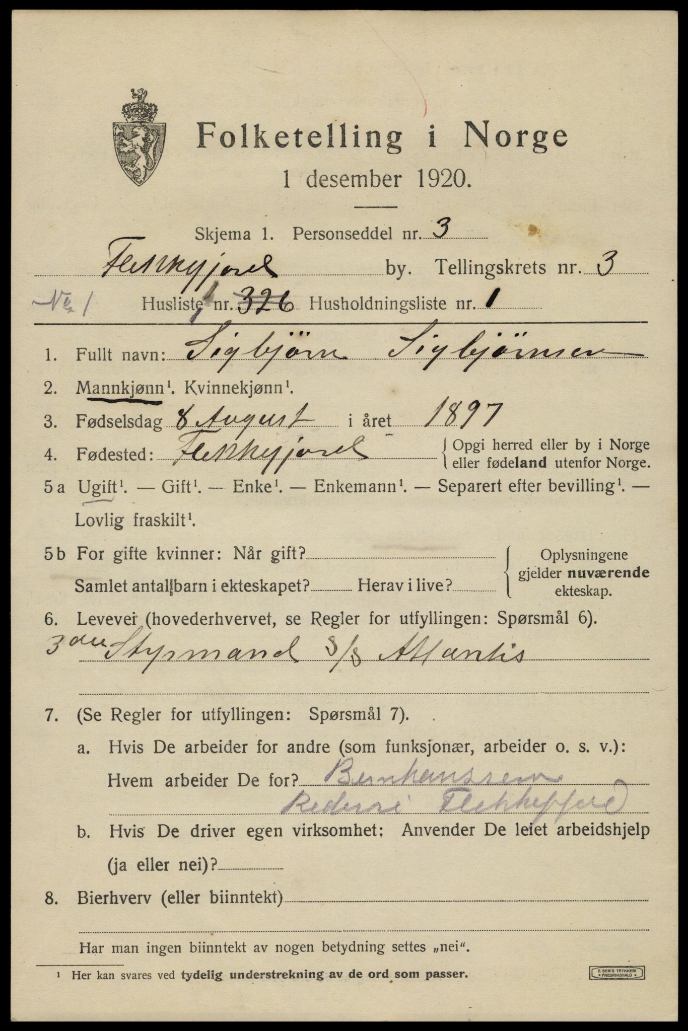 SAK, 1920 census for Flekkefjord, 1920, p. 3410