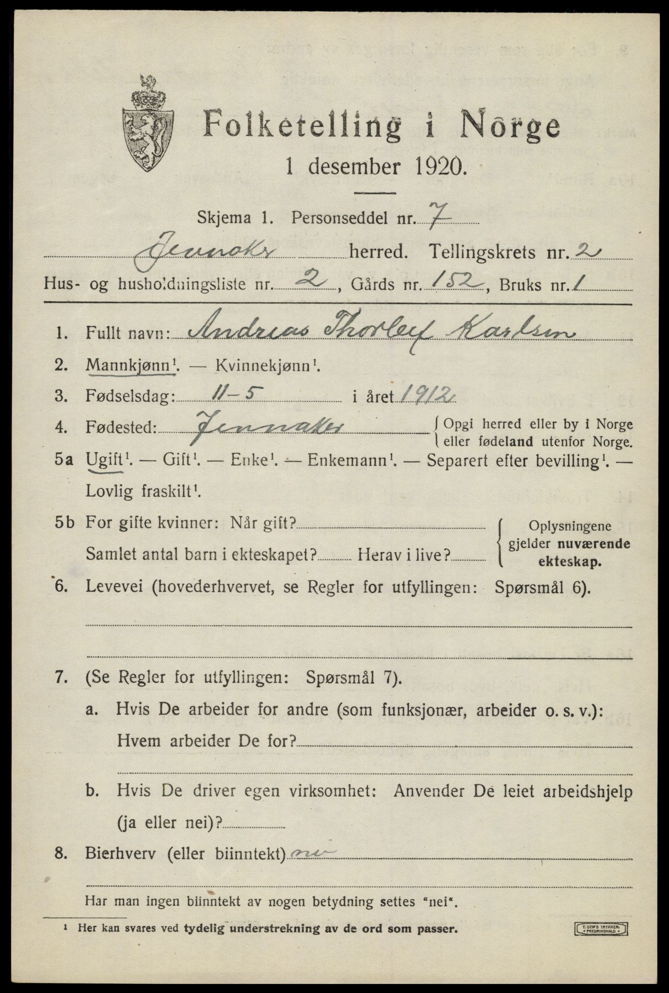 SAH, 1920 census for Jevnaker, 1920, p. 1419