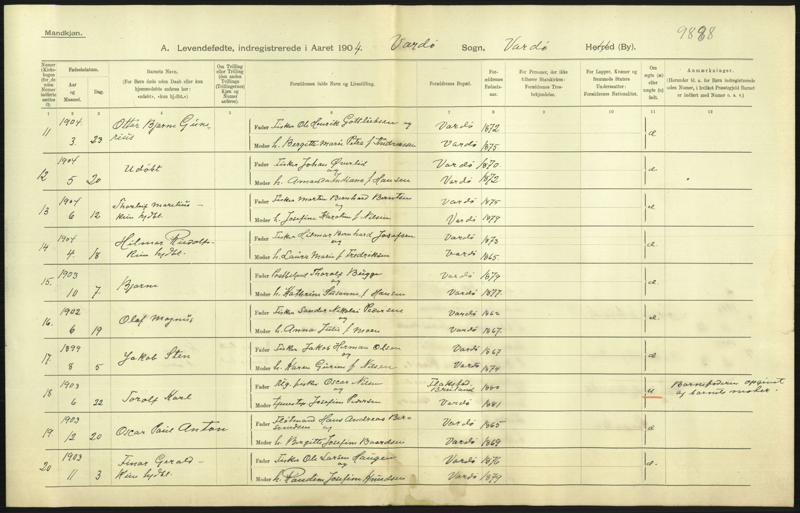 Statistisk sentralbyrå, Sosiodemografiske emner, Befolkning, AV/RA-S-2228/D/Df/Dfa/Dfab/L0023: Finnmarkens amt: Fødte, gifte, døde, 1904, p. 147