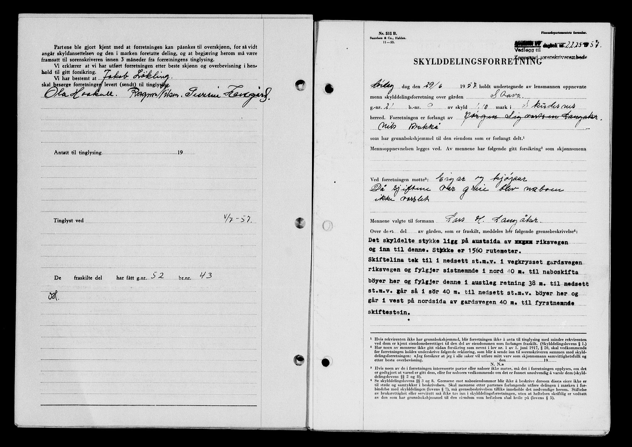 Karmsund sorenskriveri, SAST/A-100311/01/II/IIB/L0125: Mortgage book no. 105A, 1957-1957, Diary no: : 2225/1957