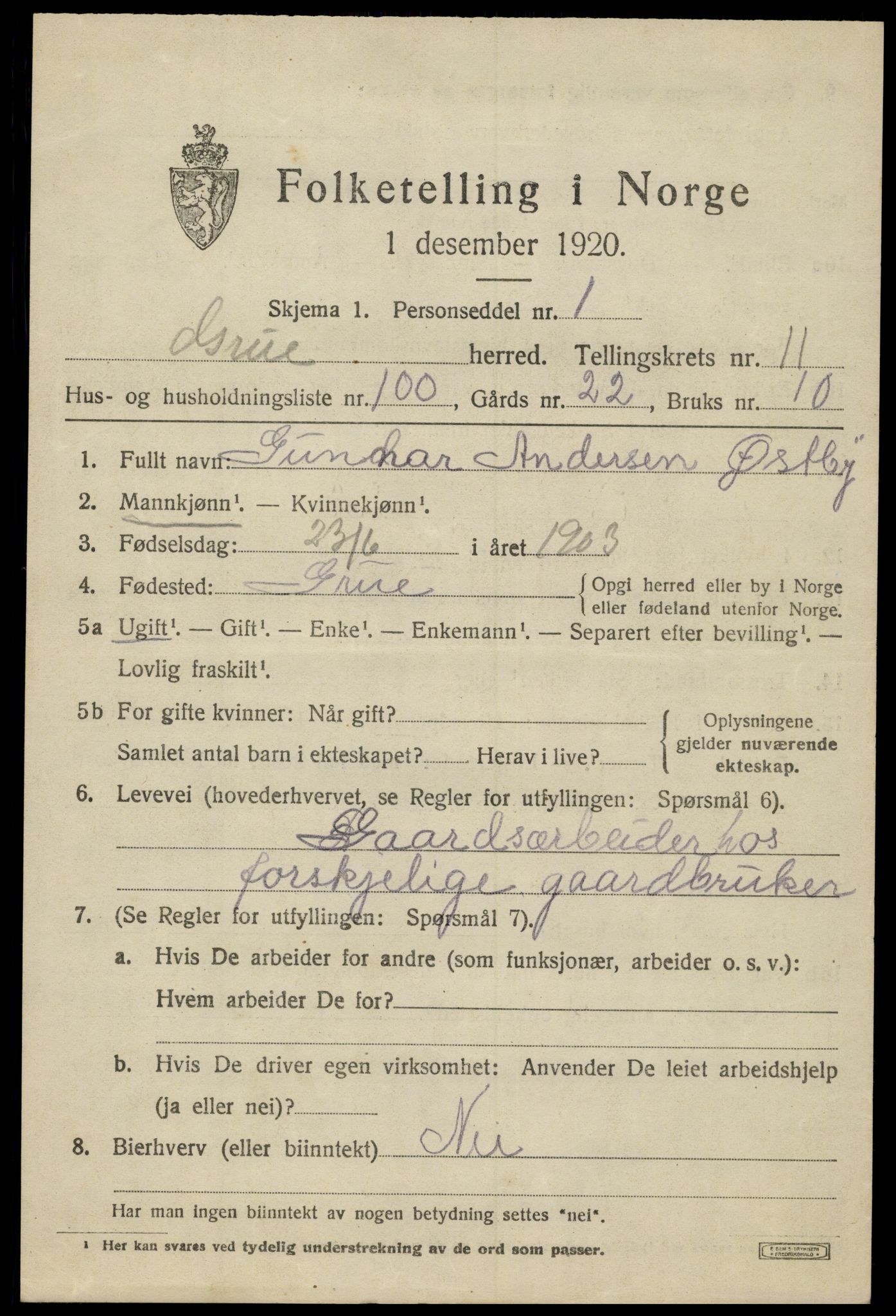 SAH, 1920 census for Grue, 1920, p. 10503