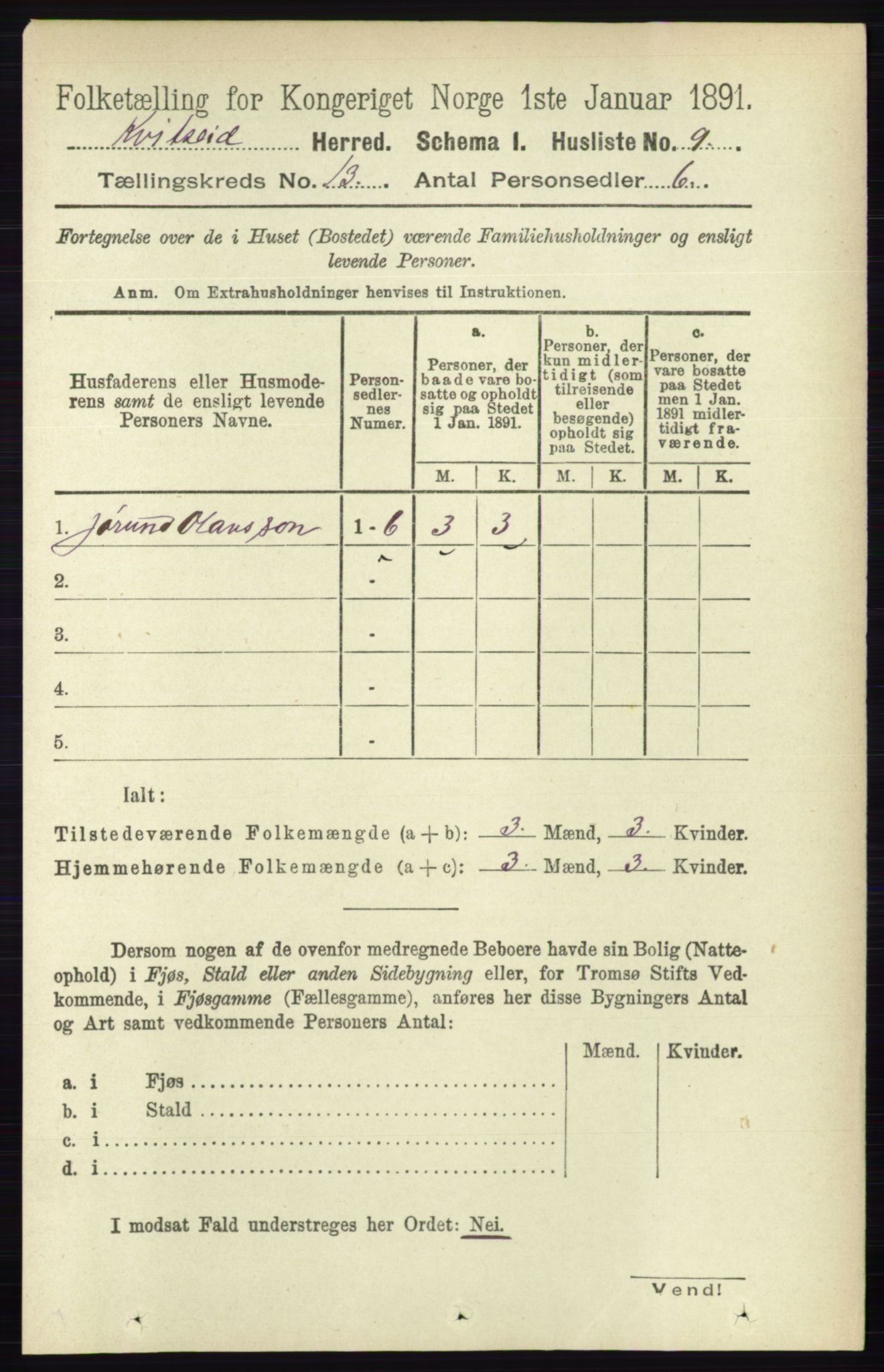 RA, 1891 census for 0829 Kviteseid, 1891, p. 3048