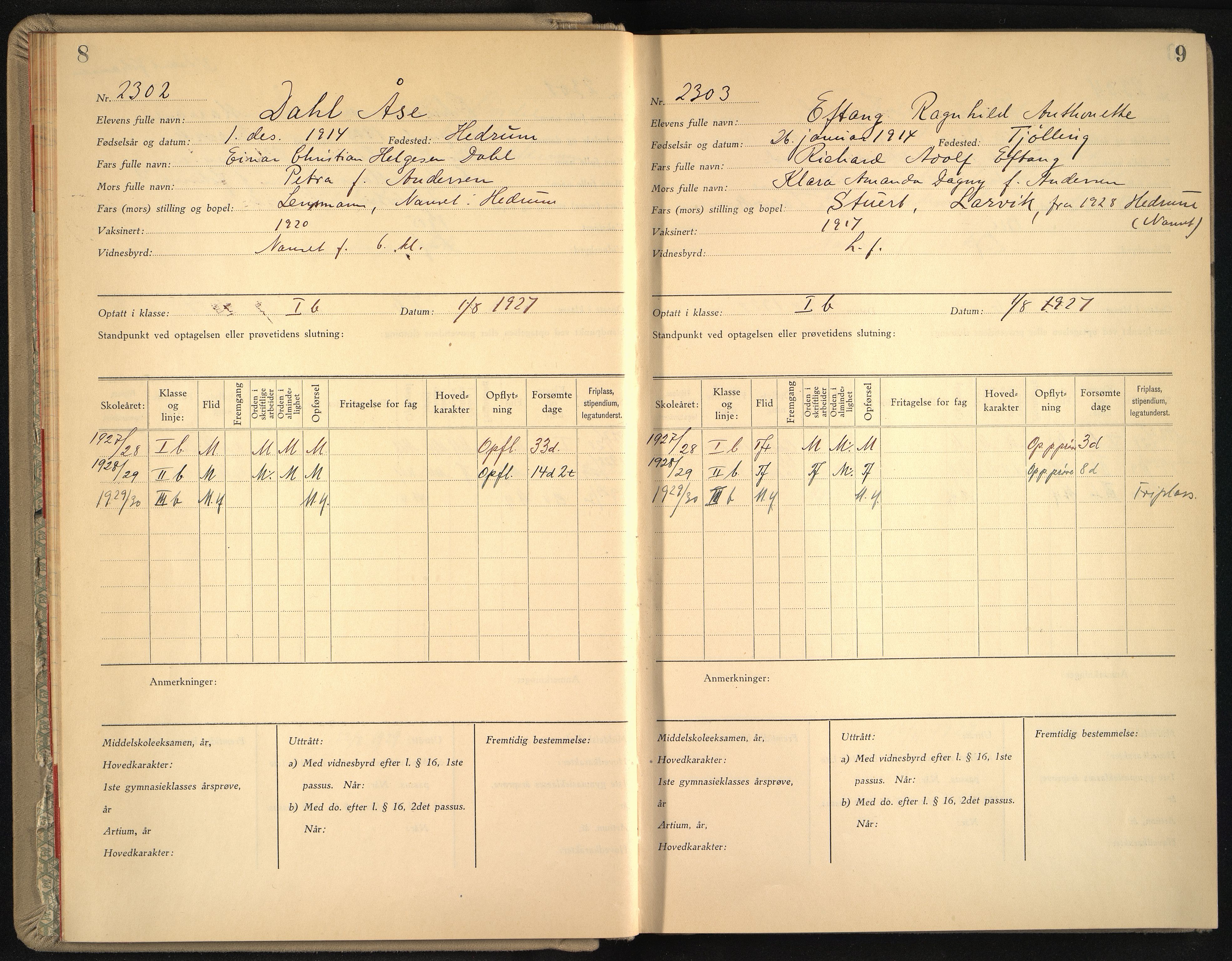 Vestfold fylkeskommune. Thor Heyerdahl videregående skole før 2004, VEMU/A-1120/G/L0011: Manntallsprotokoll med karakterer i orden og oppførsel, 1927-1934, p. 8-9