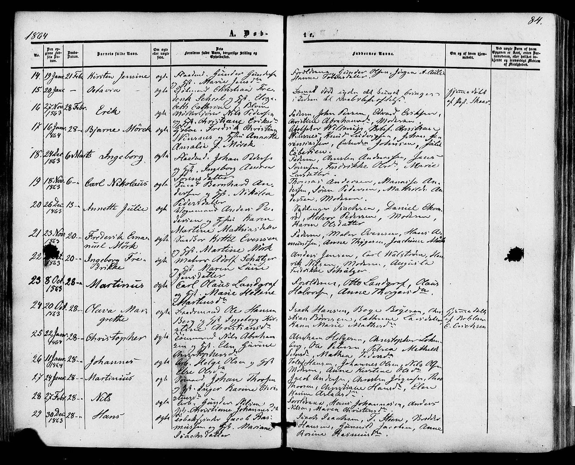 Skien kirkebøker, SAKO/A-302/F/Fa/L0007: Parish register (official) no. 7, 1856-1865, p. 84