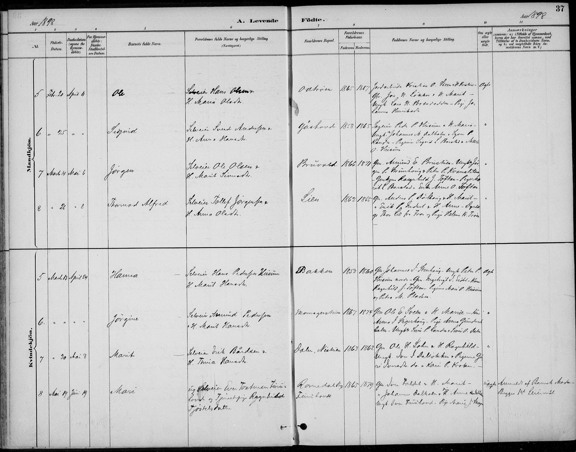 Alvdal prestekontor, AV/SAH-PREST-060/H/Ha/Haa/L0003: Parish register (official) no. 3, 1886-1912, p. 37