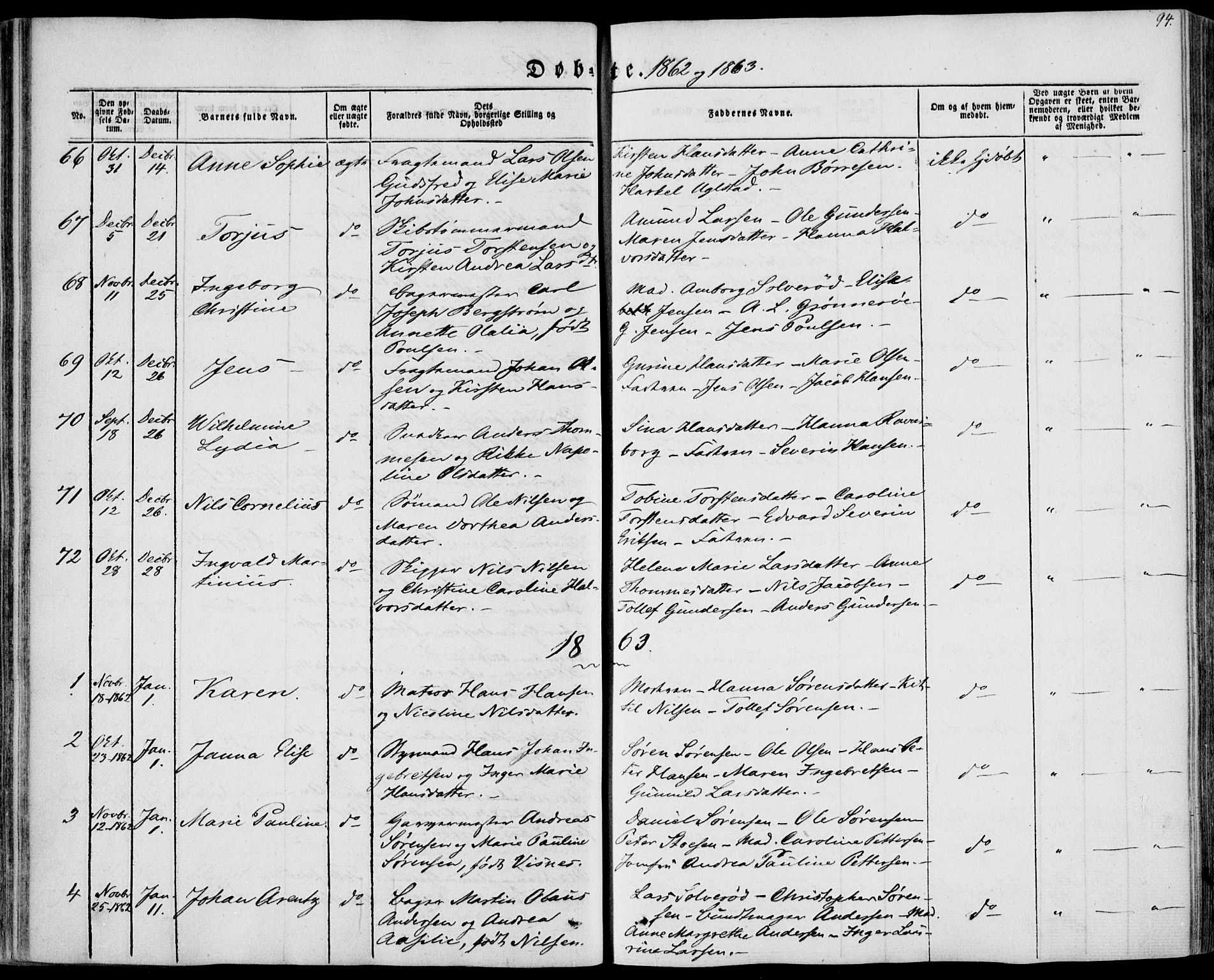 Brevik kirkebøker, SAKO/A-255/F/Fa/L0005: Parish register (official) no. 5, 1847-1865, p. 94