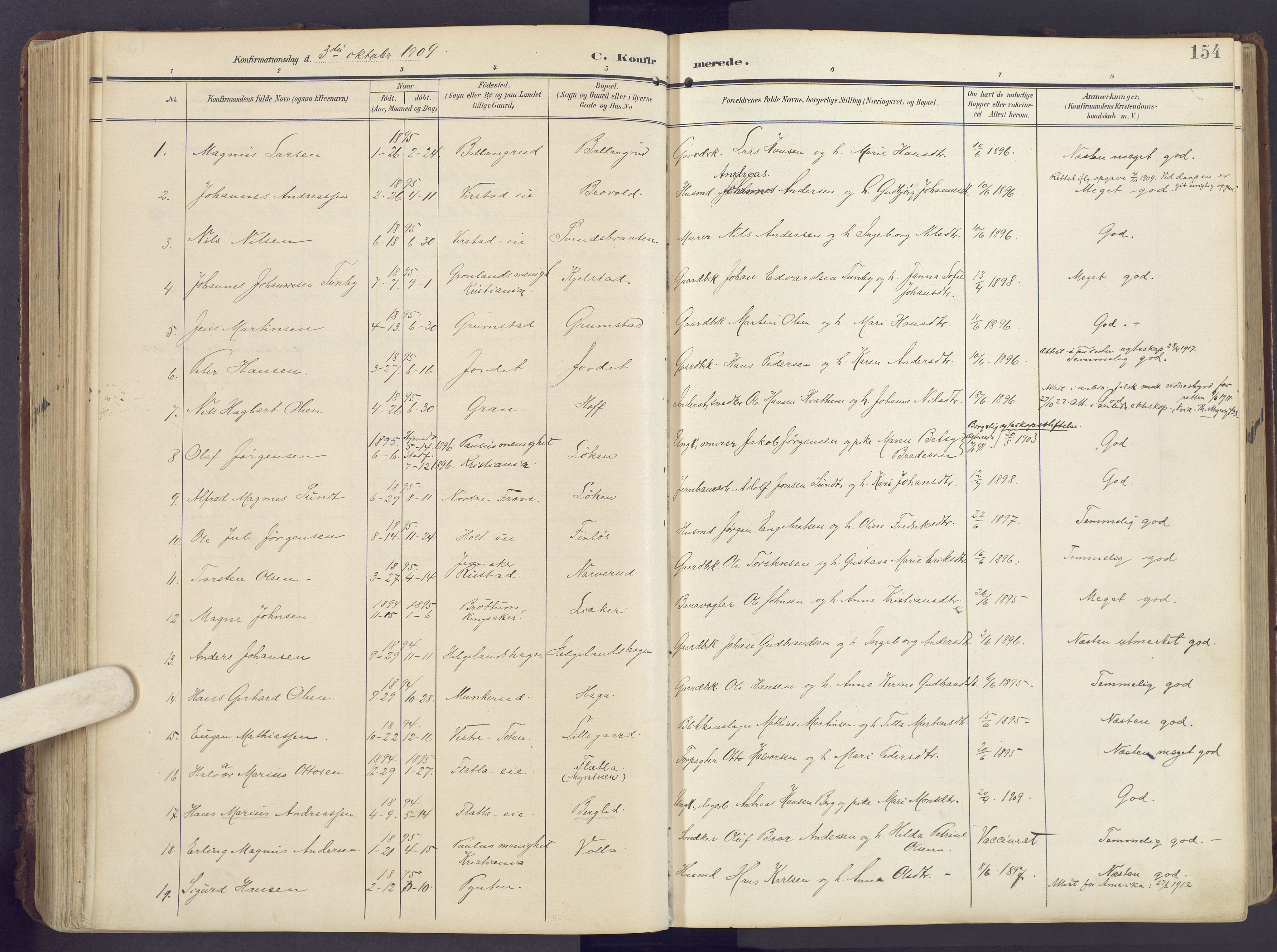 Lunner prestekontor, SAH/PREST-118/H/Ha/Haa/L0001: Parish register (official) no. 1, 1907-1922, p. 154