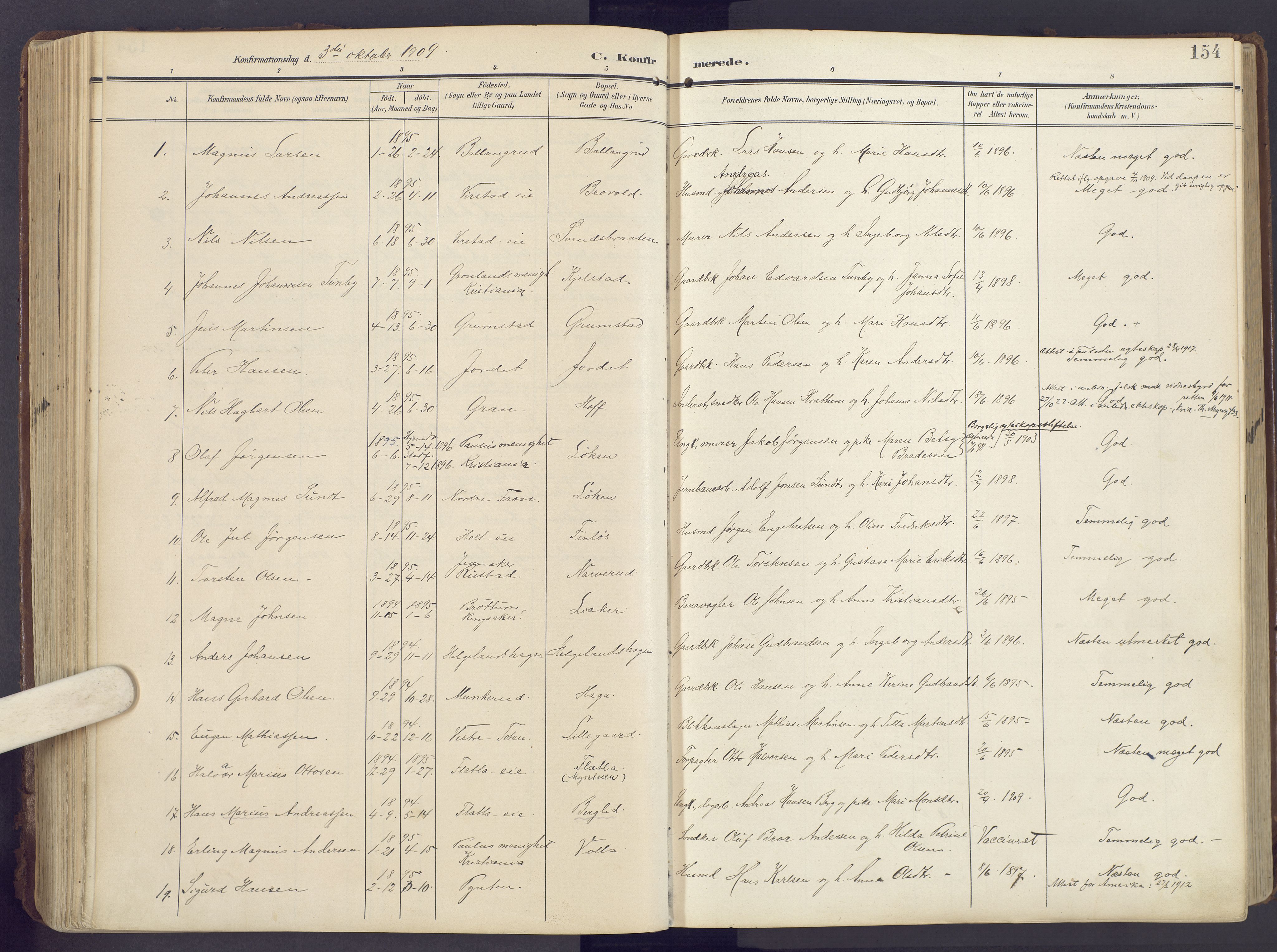 Lunner prestekontor, AV/SAH-PREST-118/H/Ha/Haa/L0001: Parish register (official) no. 1, 1907-1922, p. 154